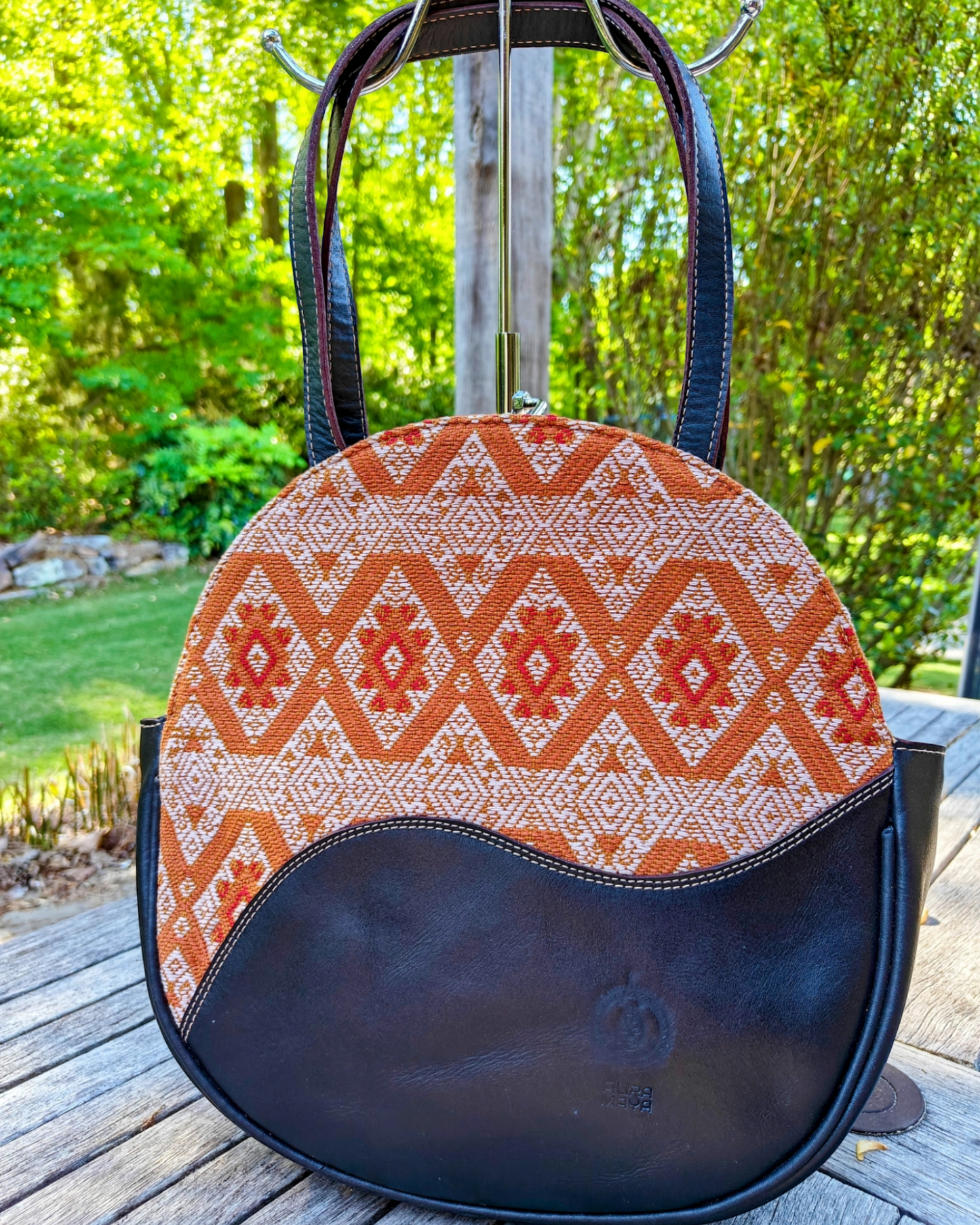 Leather Handbag - Black Leather and Hand Embroidered Textile Bag - AURA MAYA - Aura Maya