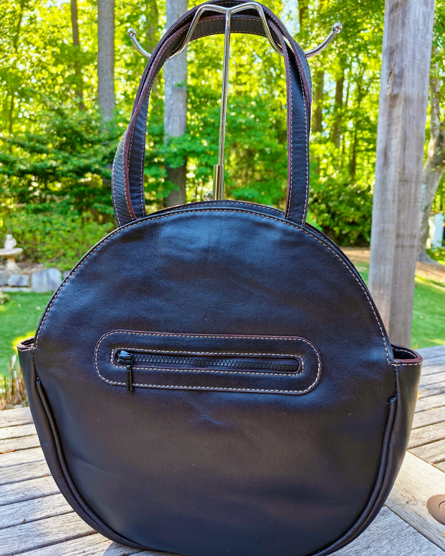 Leather Handbag - Black Leather and Hand Embroidered Textile Bag - AURA MAYA - Aura Maya