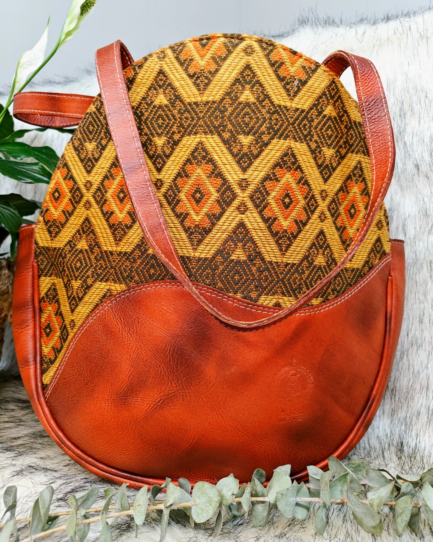 Leather Handbag - Brown Leather and Hand Embroidered Textile Bag - AURA MAYA - Aura Maya