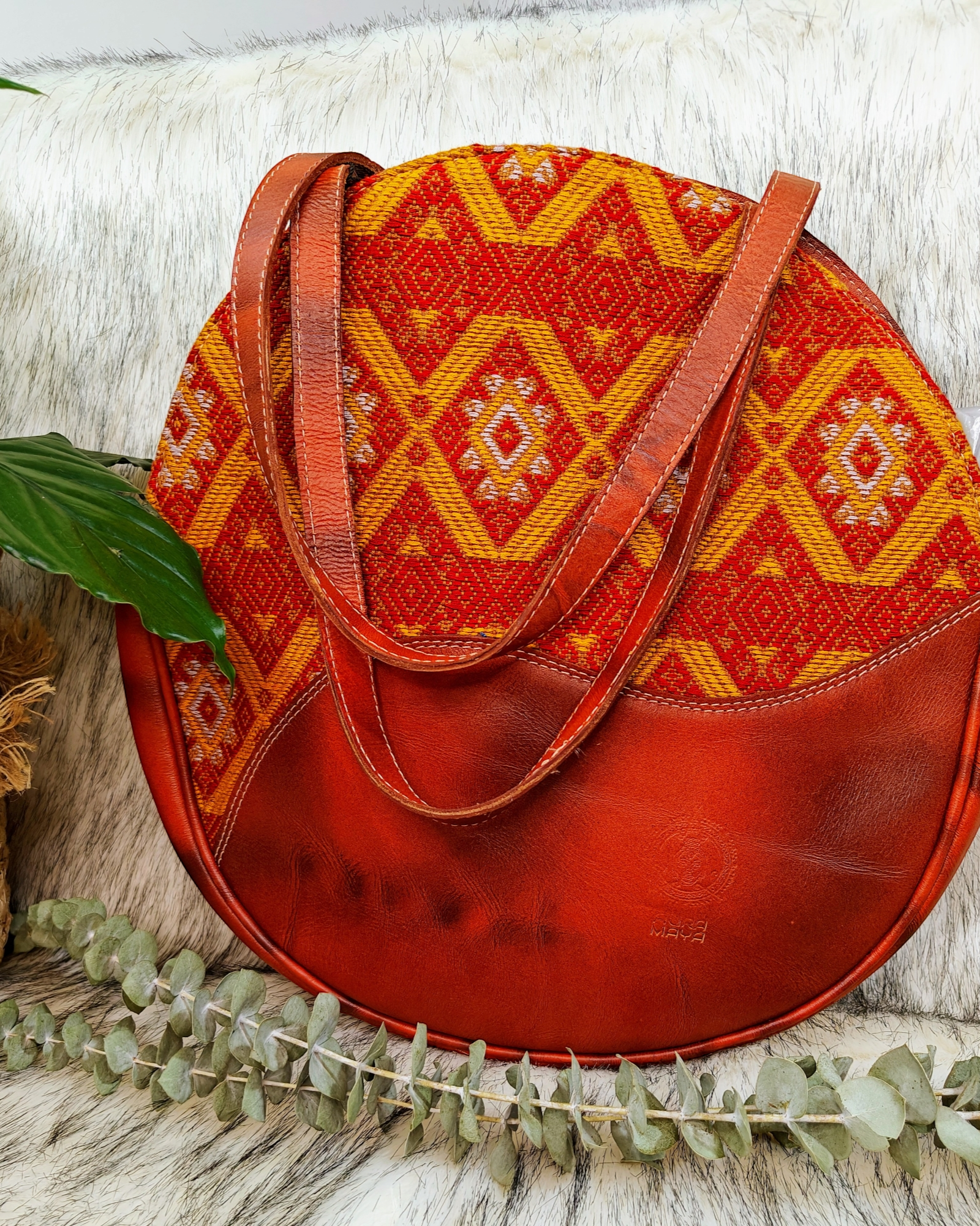 Leather Handbag - Brown Leather and Hand Embroidered Textile Bag - AURA MAYA - Aura Maya