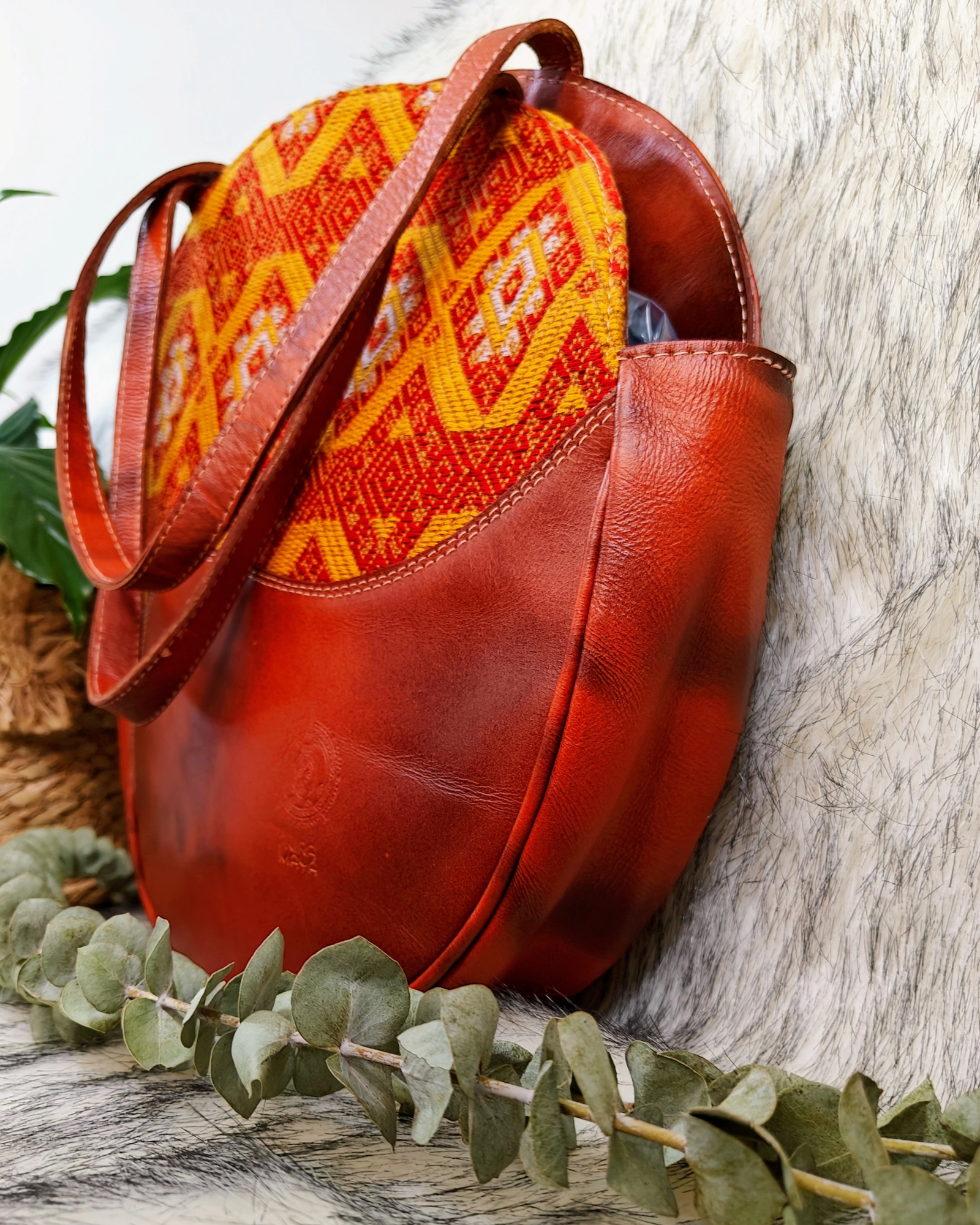 Leather Handbag - Brown Leather and Hand Embroidered Textile Bag - AURA MAYA - Aura Maya