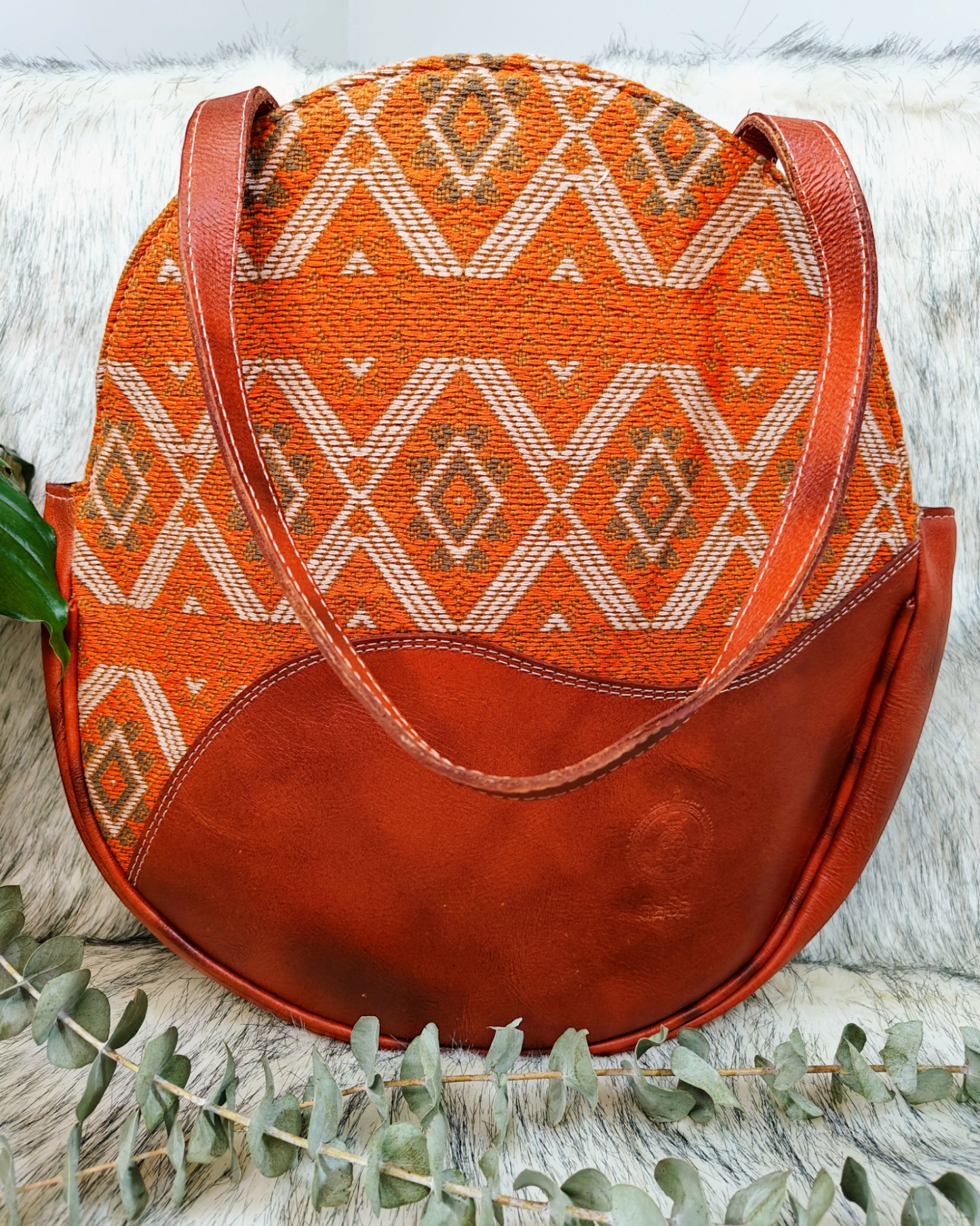 Leather Handbag - Brown Leather and Hand Embroidered Textile Bag - AURA MAYA - Aura Maya