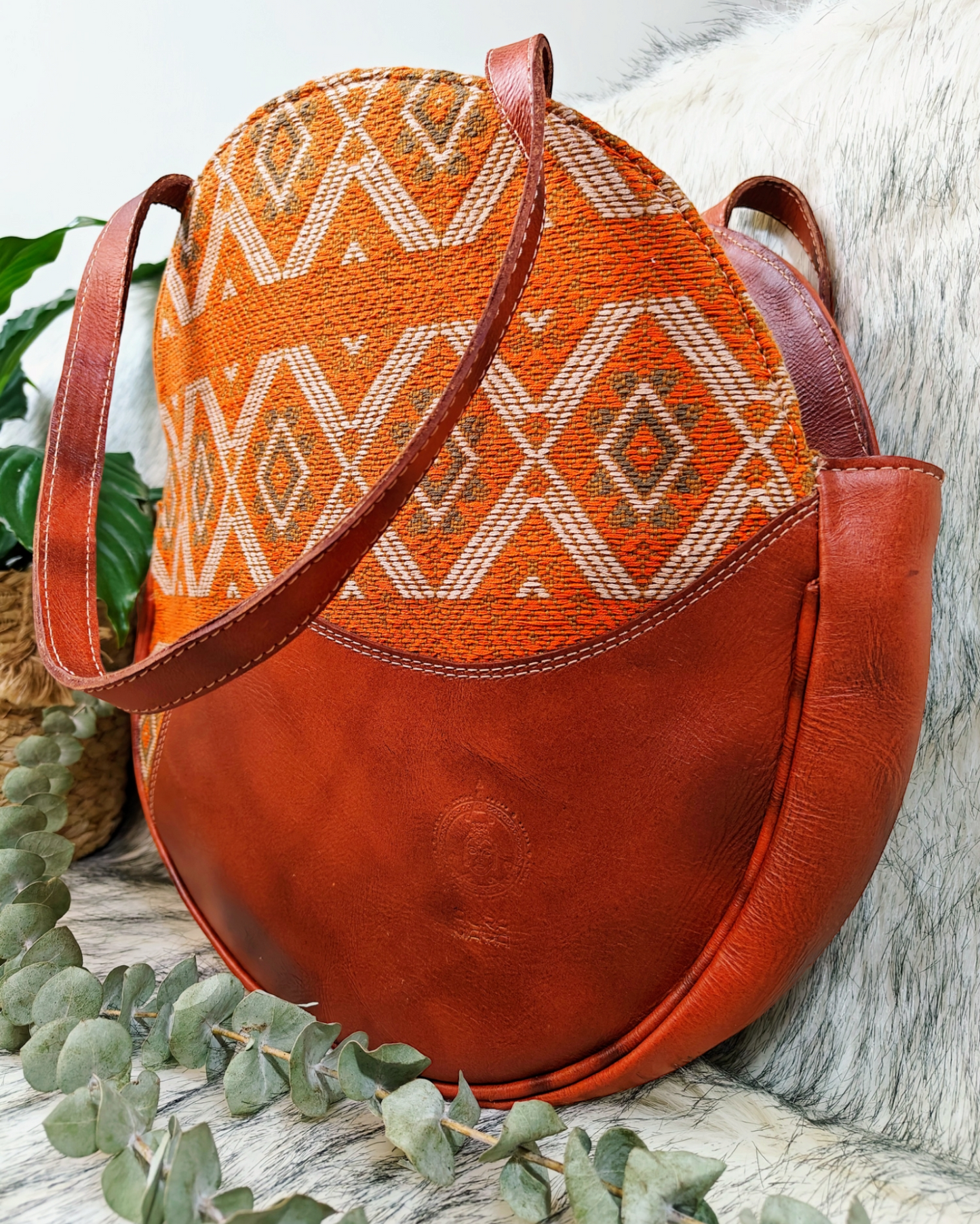 Leather Handbag - Brown Leather and Hand Embroidered Textile Bag - AURA MAYA - Aura Maya