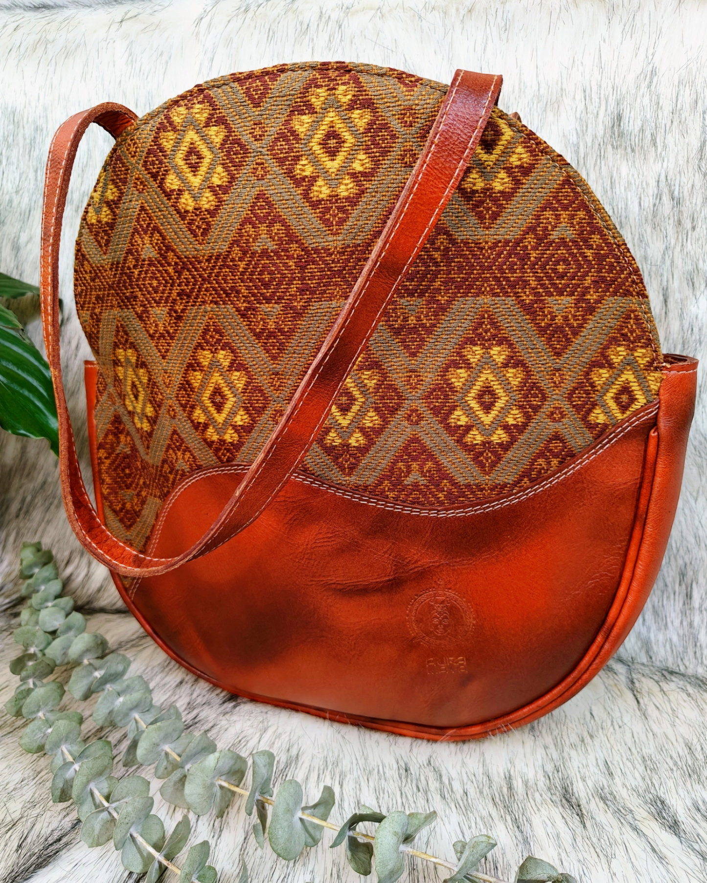 Leather Handbag - Brown Leather and Hand Embroidered Textile Bag - AURA MAYA - Aura Maya