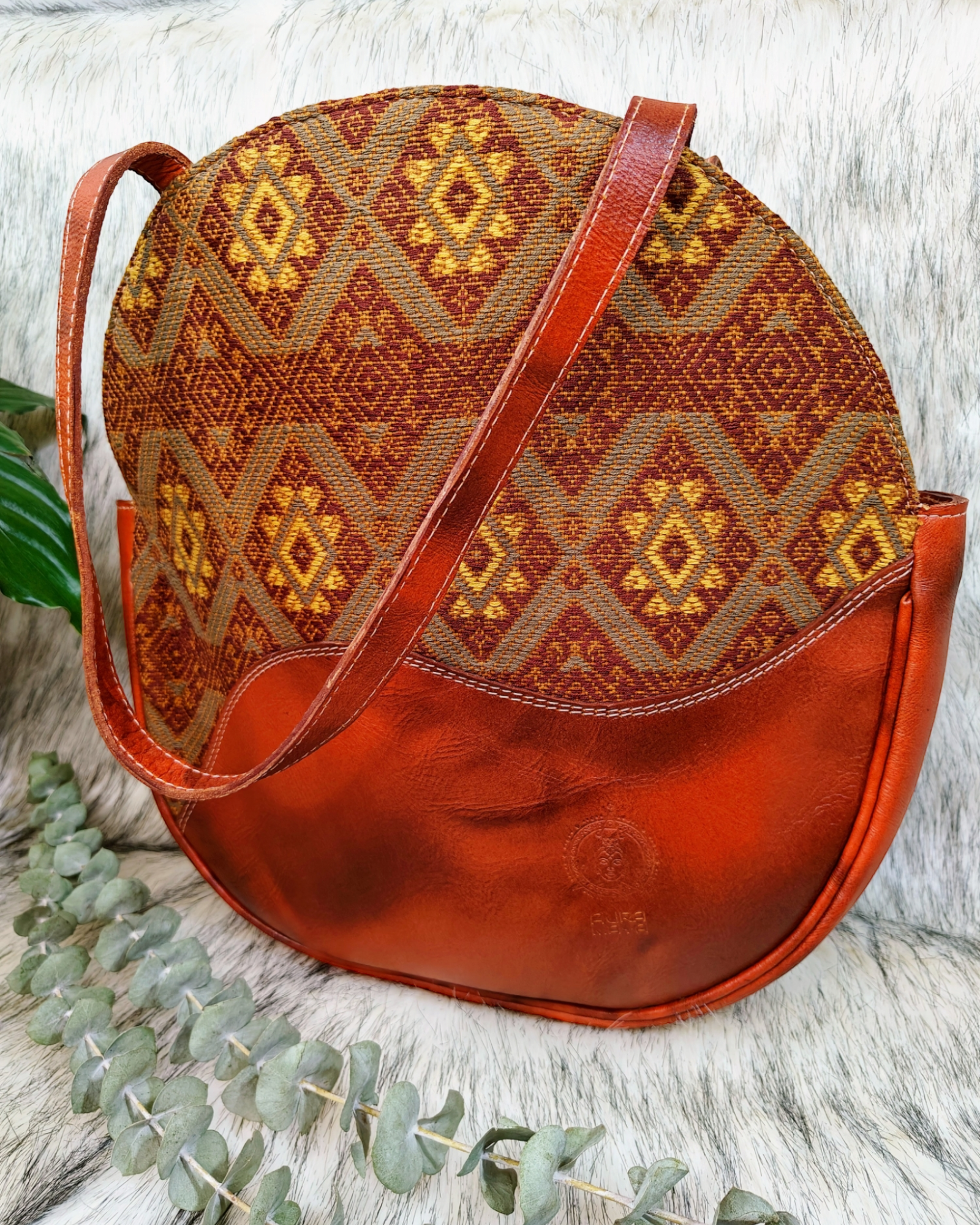 Leather Handbag - Brown Leather and Hand Embroidered Textile Bag - AURA MAYA - Aura Maya