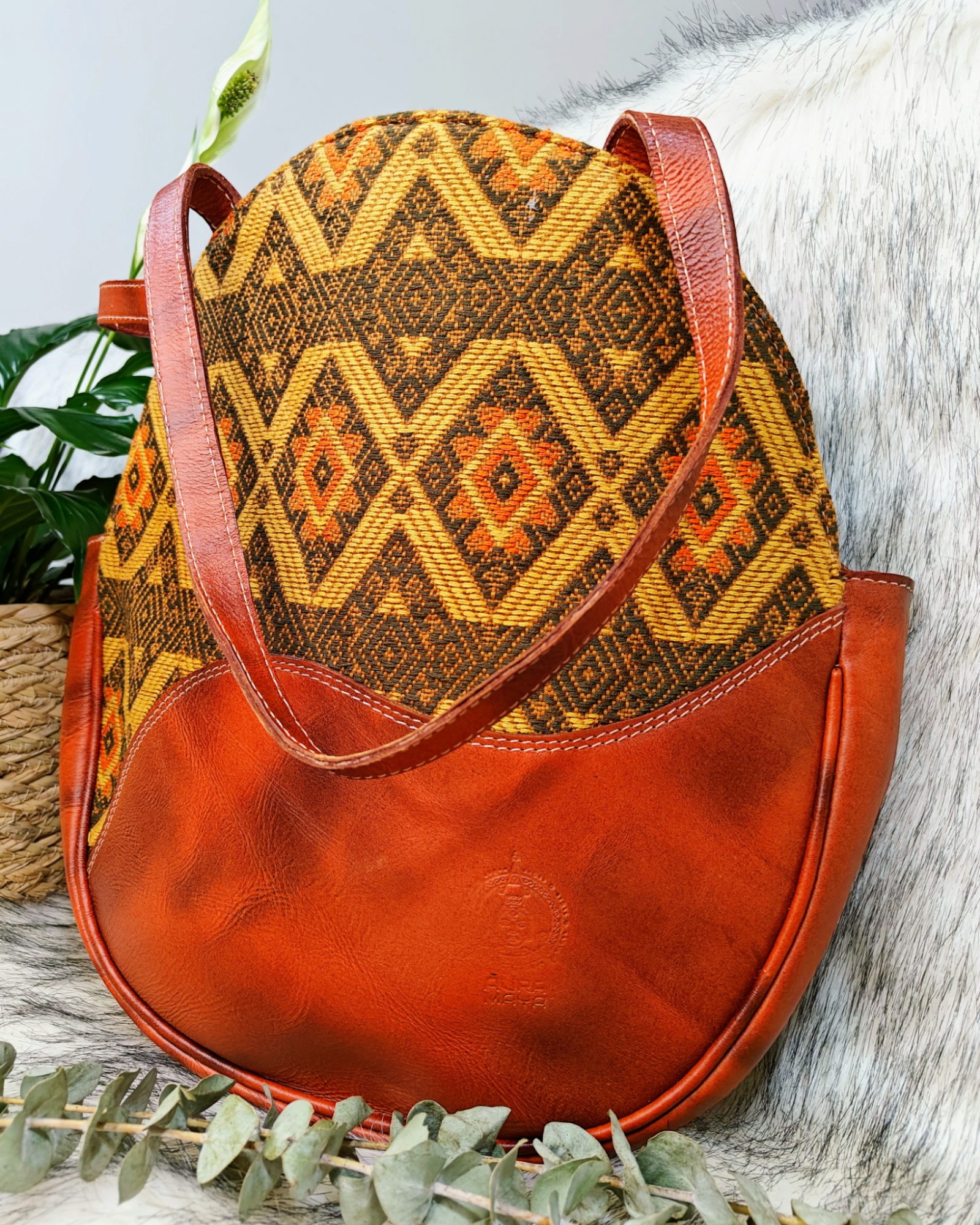 Leather Handbag - Brown Leather and Hand Embroidered Textile Bag - AURA MAYA - Aura Maya