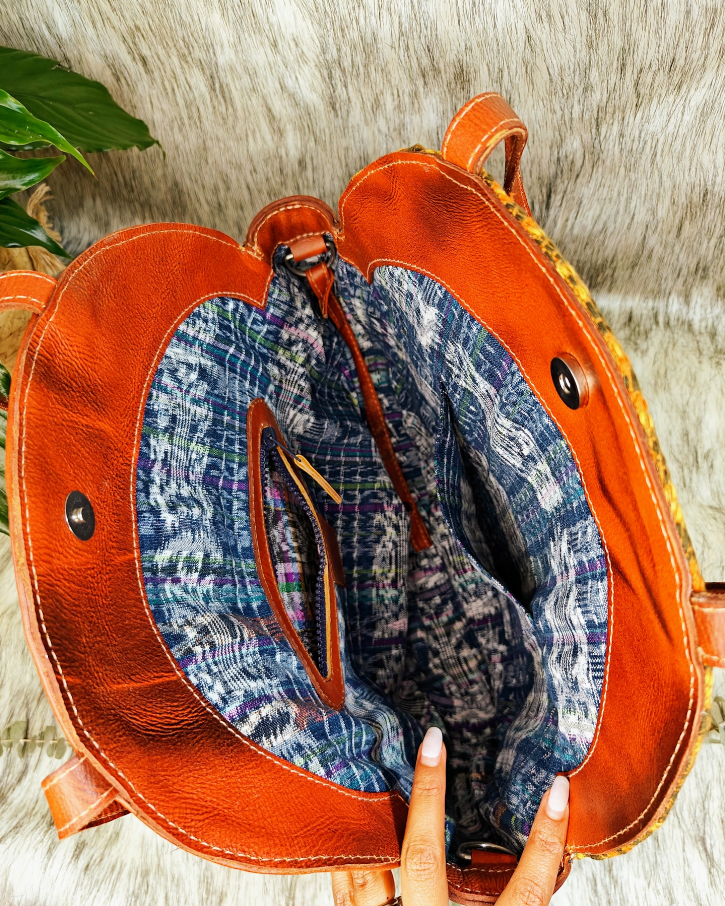 Leather Handbag - Brown Leather and Hand Embroidered Textile Bag - AURA MAYA - Aura Maya