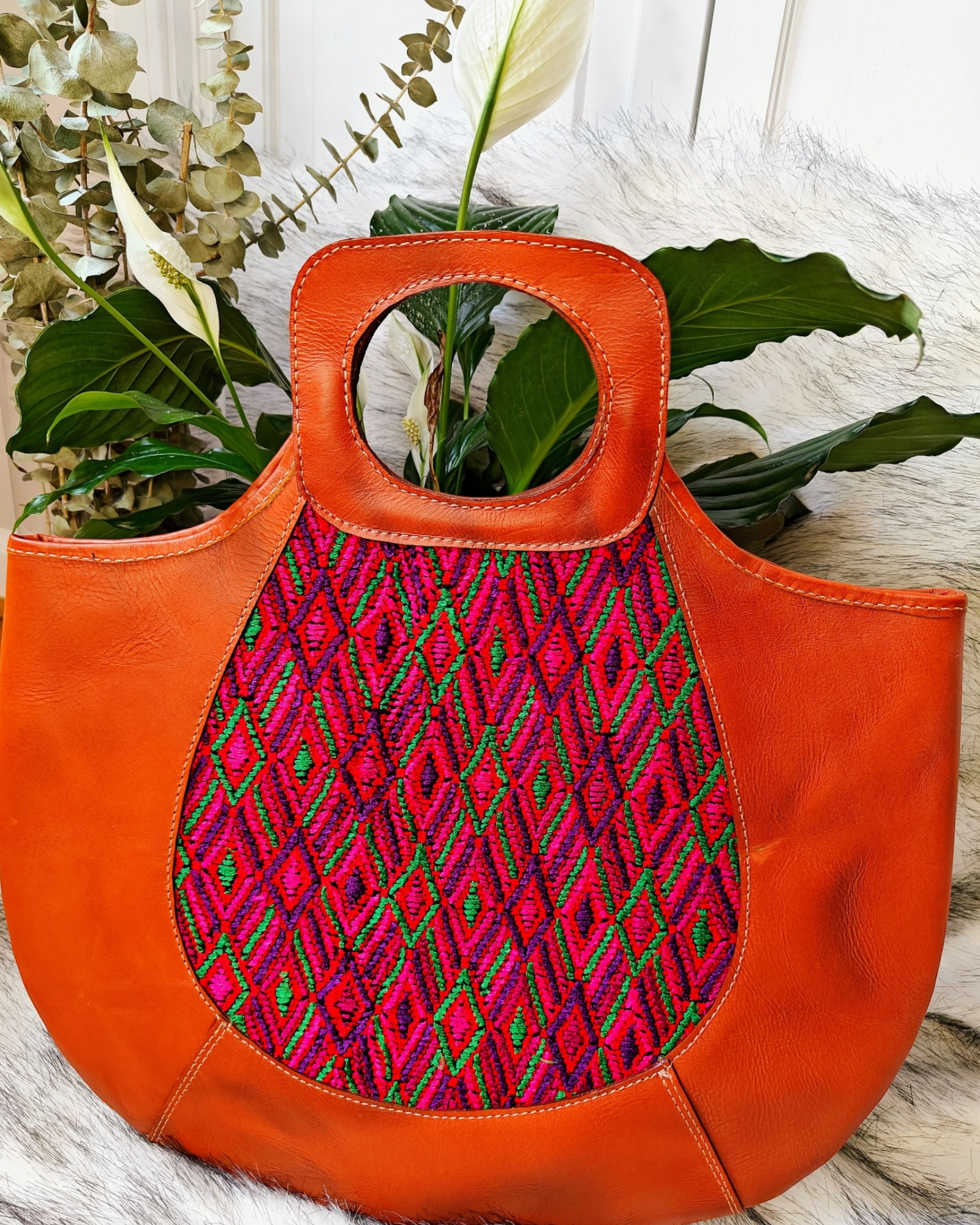 Leather Boho Handbag -One-of-a-kind leather purse   - Handwoven Textile - AURA MAYA - Aura Maya