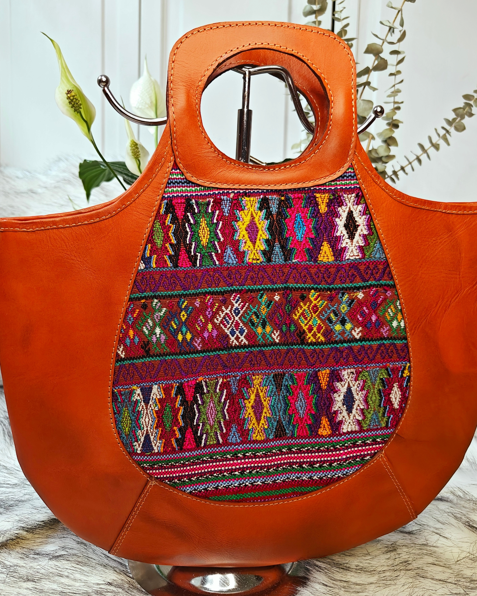 Leather Boho Handbag -One-of-a-kind leather purse   - Handwoven Textile - AURA MAYA - Aura Maya