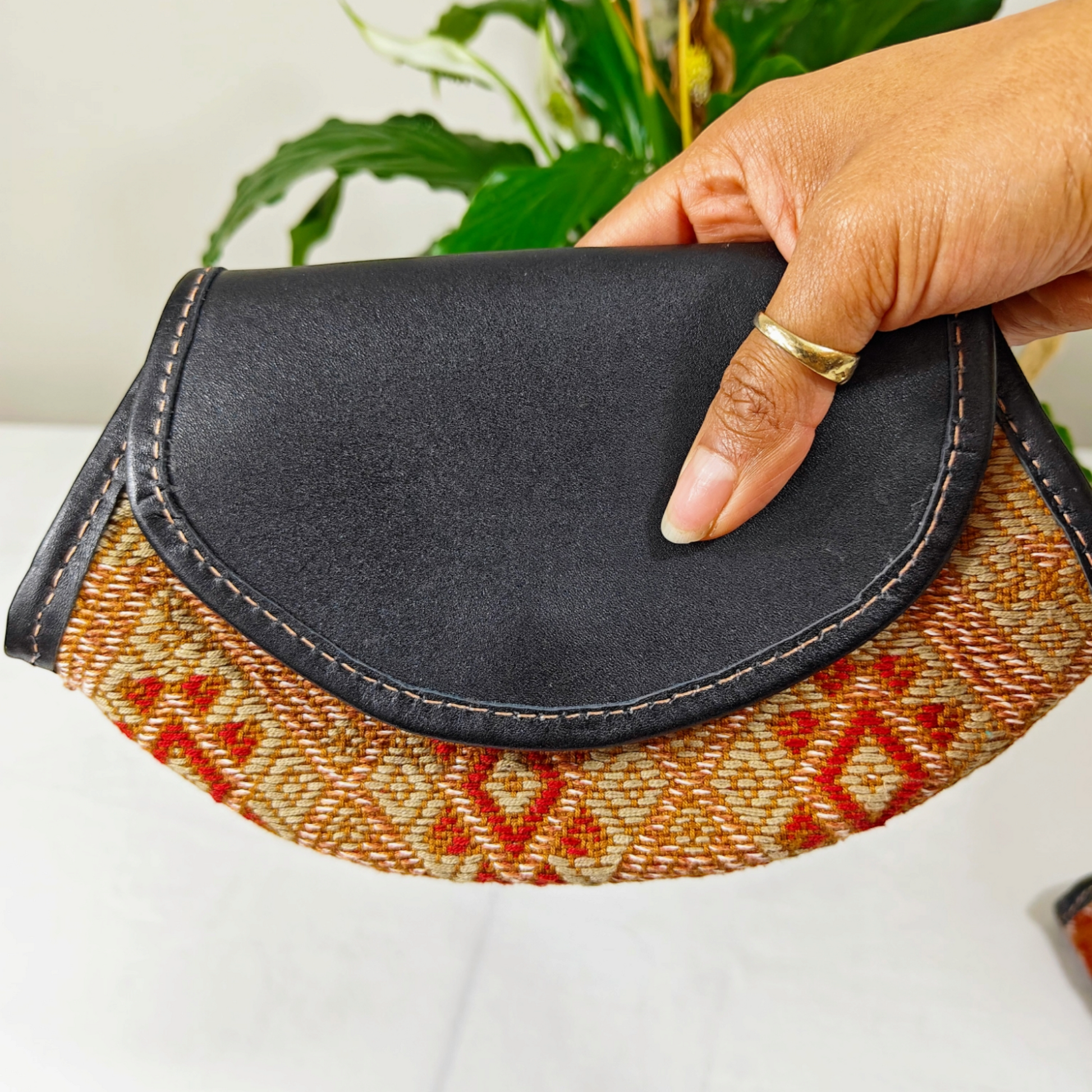 Women Clutch Bag - Black Leather and Embroidered Textile Bag - AURA MAYA - Aura Maya