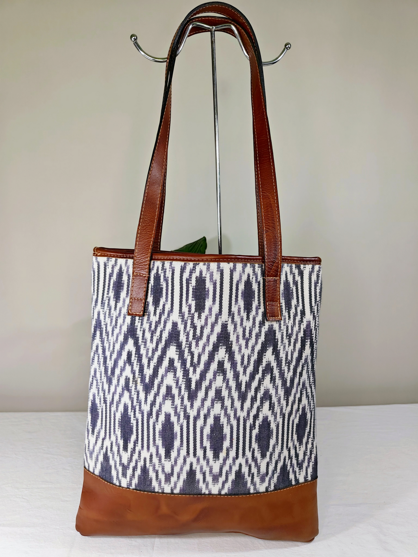 AURA MAYA -  Genuine Leather Ikat Pattern Tote Bag, Ethically Handcrafted Women Tote Bag - Aura Maya