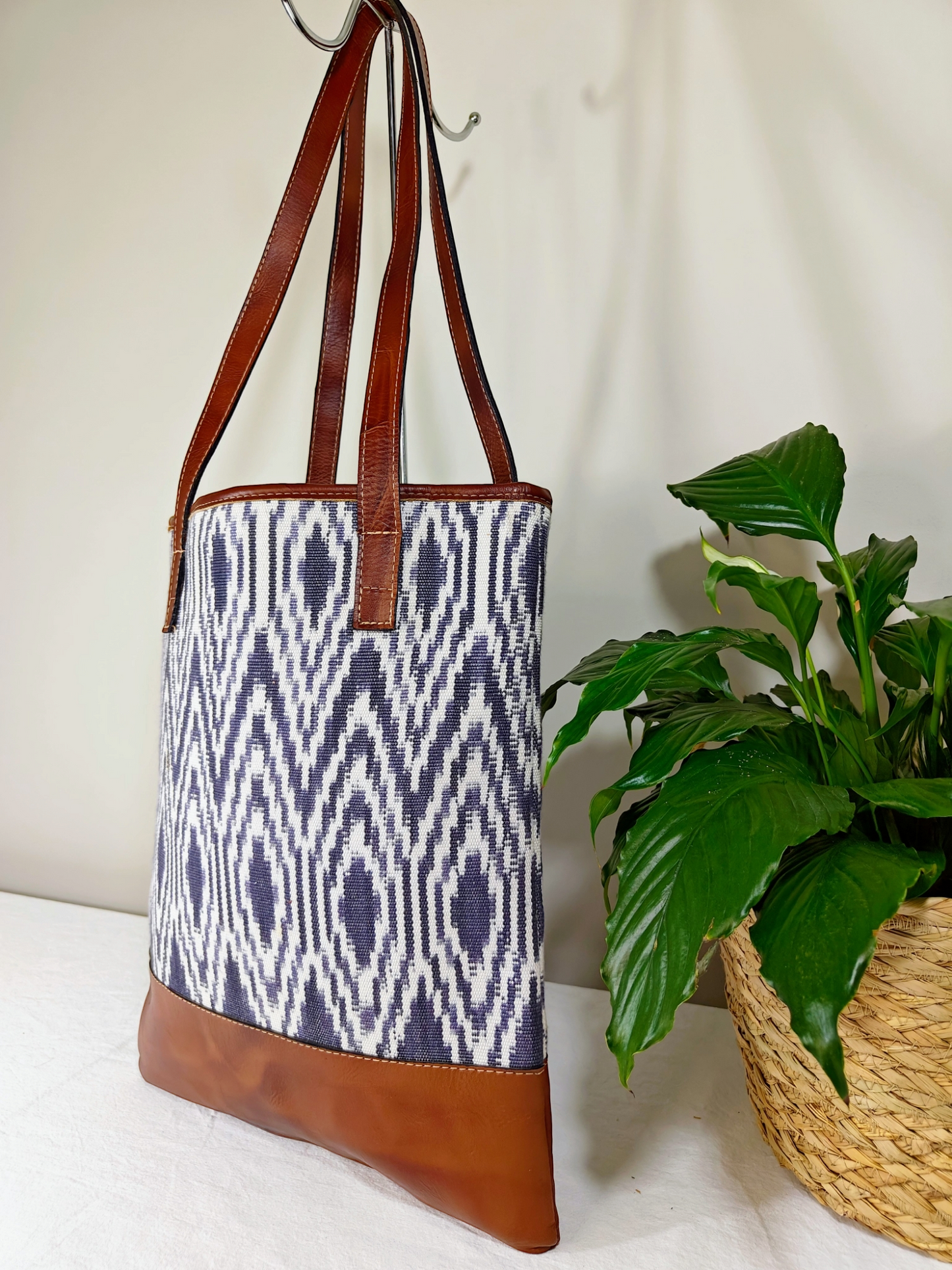 AURA MAYA -  Genuine Leather Ikat Pattern Tote Bag, Ethically Handcrafted Women Tote Bag - Aura Maya