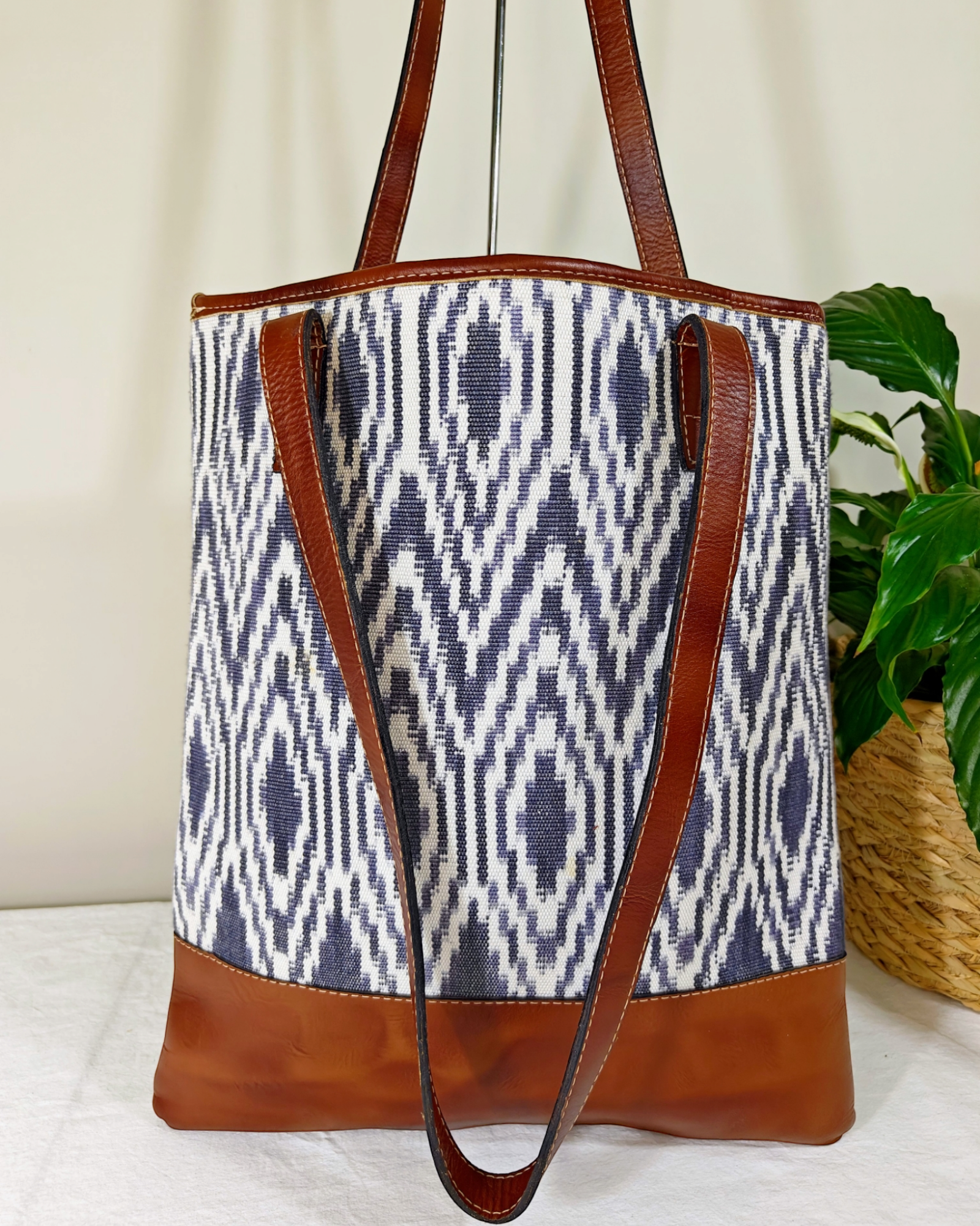 AURA MAYA -  Genuine Leather Ikat Pattern Tote Bag, Ethically Handcrafted Women Tote Bag - Aura Maya