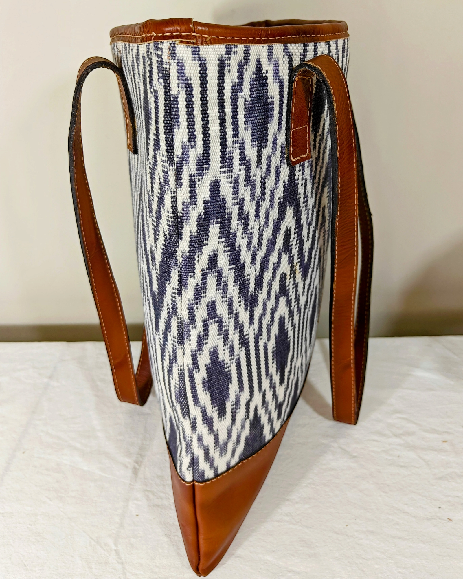 AURA MAYA -  Genuine Leather Ikat Pattern Tote Bag, Ethically Handcrafted Women Tote Bag - Aura Maya