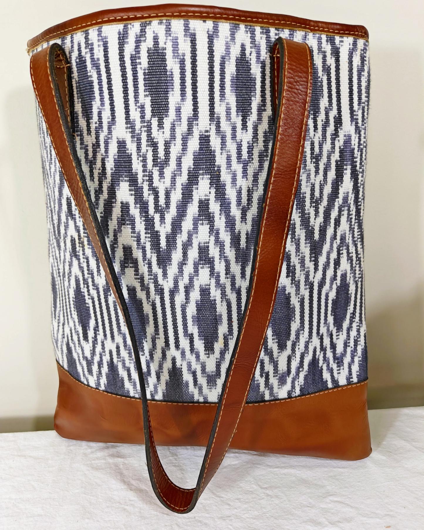 AURA MAYA -  Genuine Leather Ikat Pattern Tote Bag, Ethically Handcrafted Women Tote Bag - Aura Maya