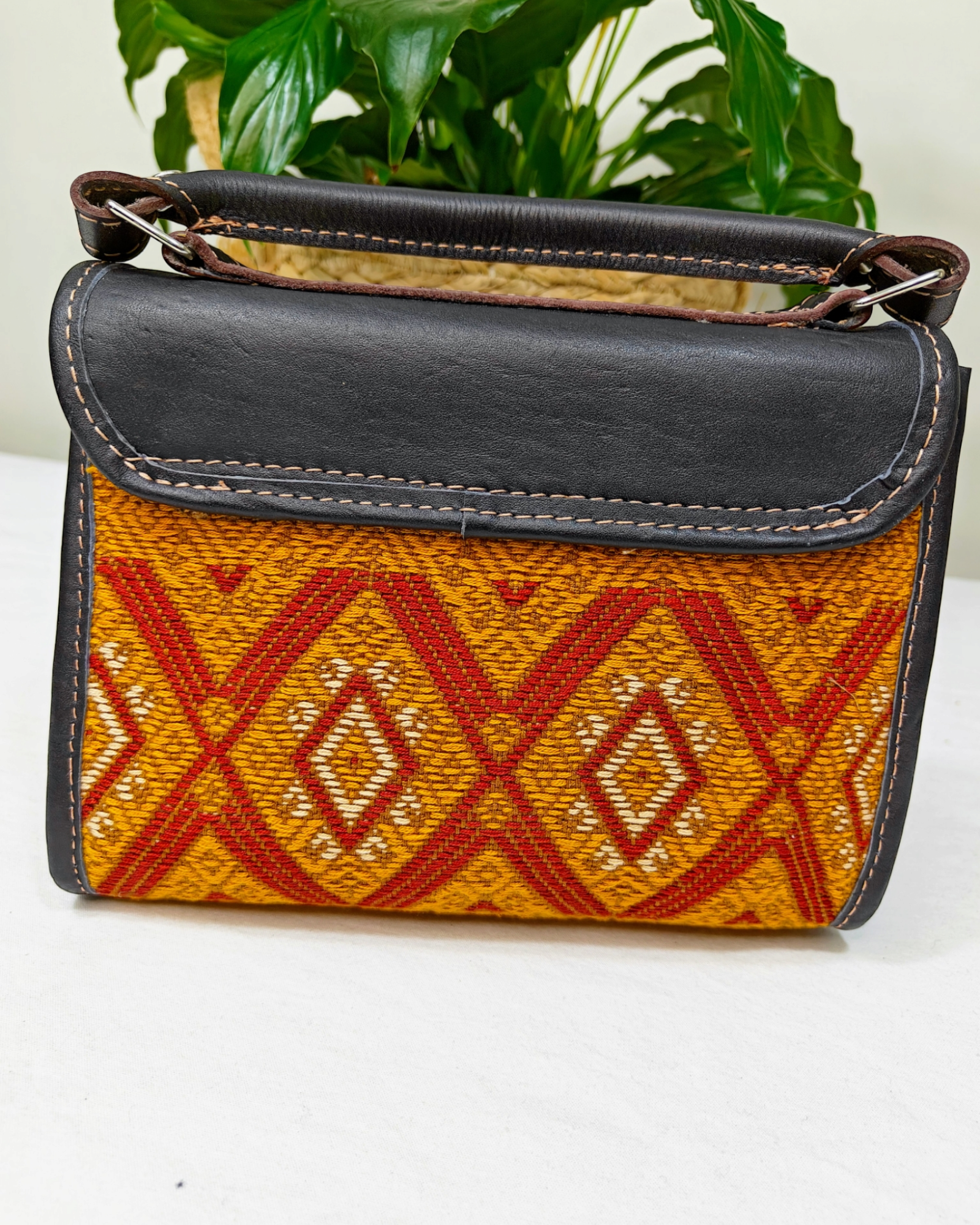 Small Black Handheld Handbag - Leather and Handwoven Textile Bag - AURA MAYA - Aura Maya