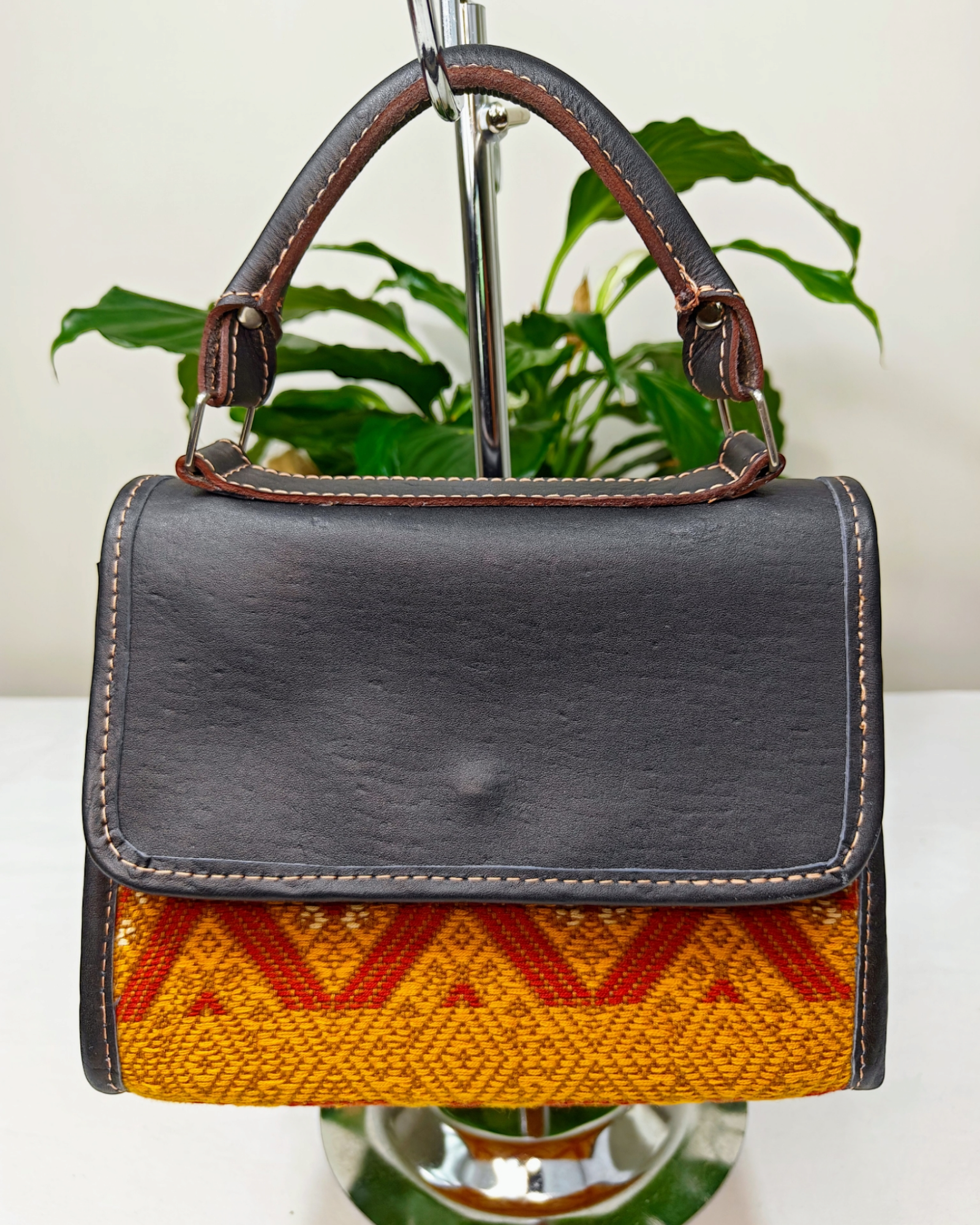 Small Black Handheld Handbag - Leather and Handwoven Textile Bag - AURA MAYA - Aura Maya