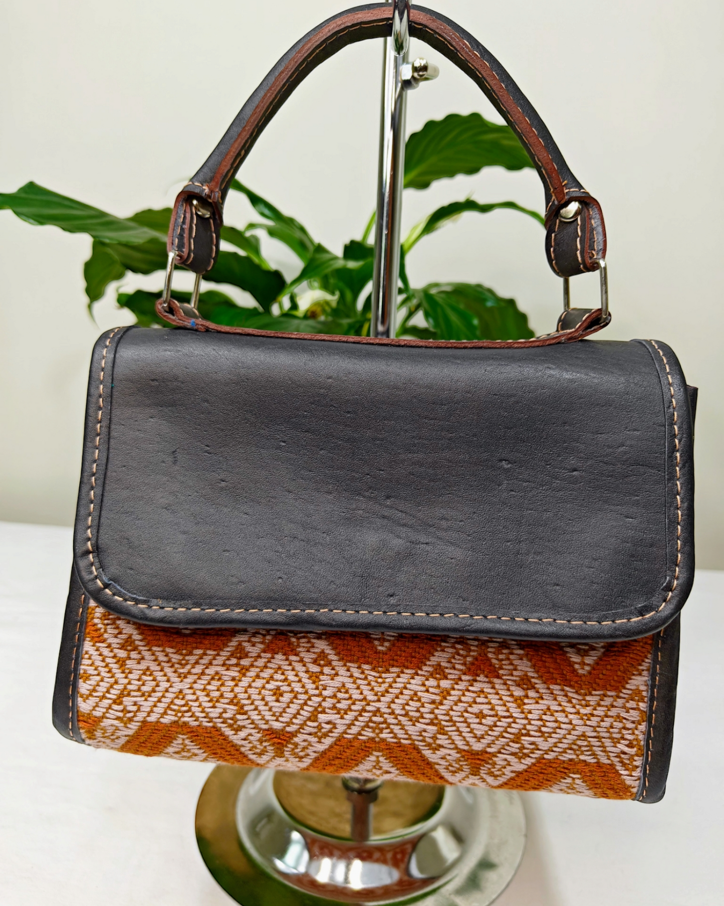 Small Black Handheld Handbag - Leather and Handwoven Textile Bag - AURA MAYA - Aura Maya