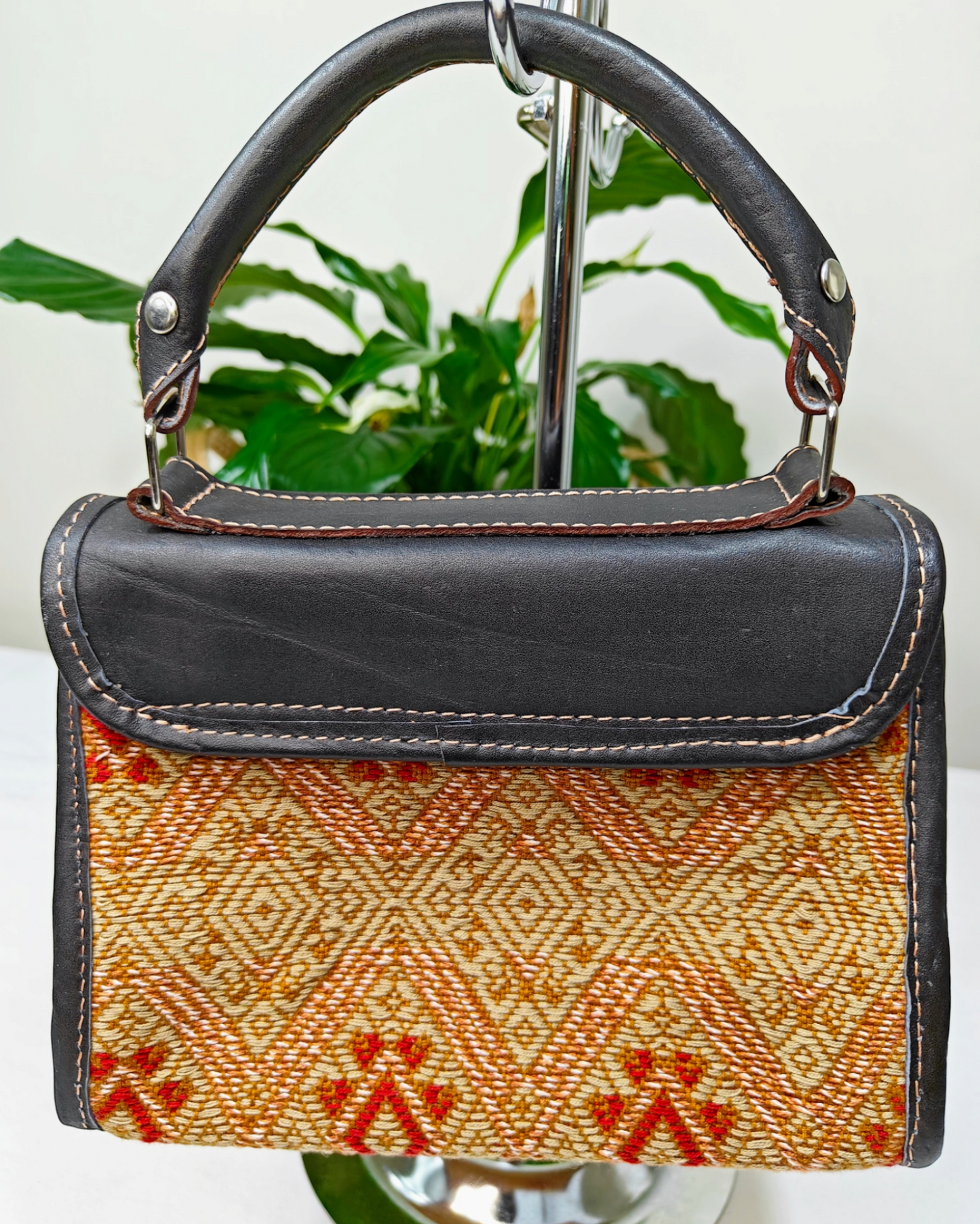 Small Black Handheld Handbag - Leather and Handwoven Textile Bag - AURA MAYA - Aura Maya