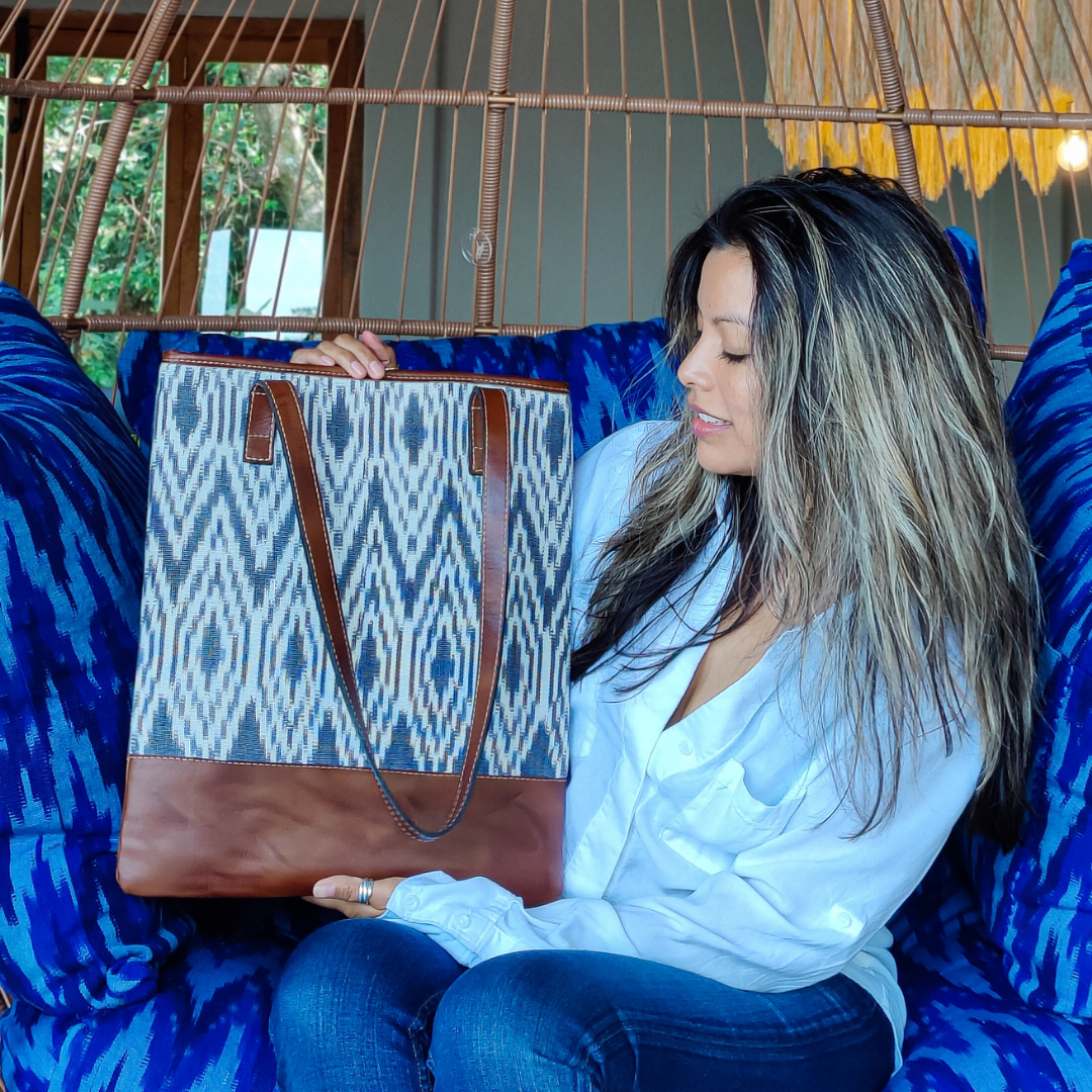 AURA MAYA -  Genuine Leather Ikat Pattern Tote Bag, Ethically Handcrafted Women Tote Bag - Aura Maya