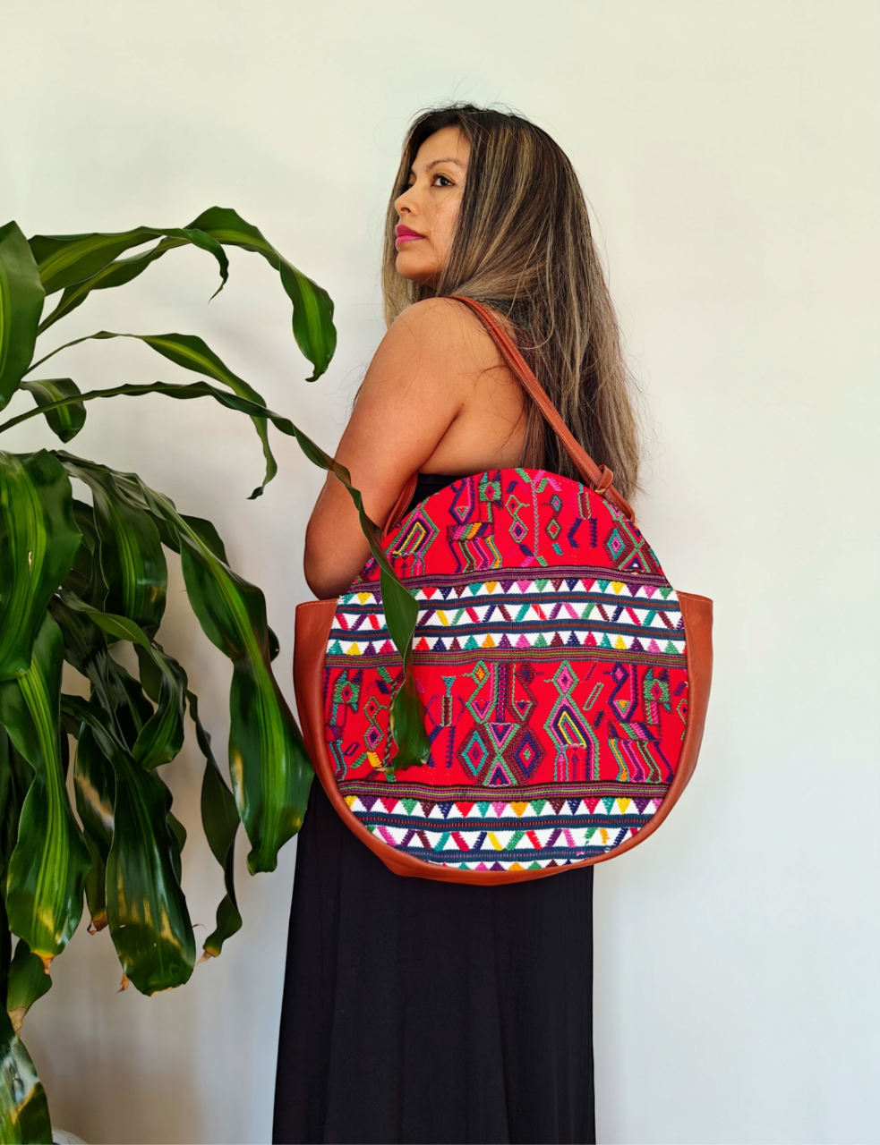 Leather Shoulder Bag - Large bag - Handwoven Guatemalan Textile - AURA MAYA - Aura Maya