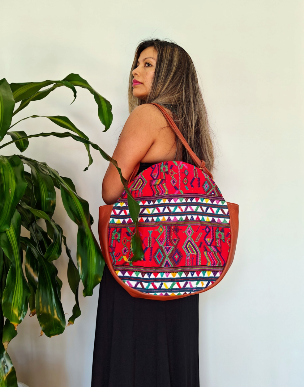 Leather Shoulder Bag - Large bag - Handwoven Guatemalan Textile - AURA MAYA - Aura Maya