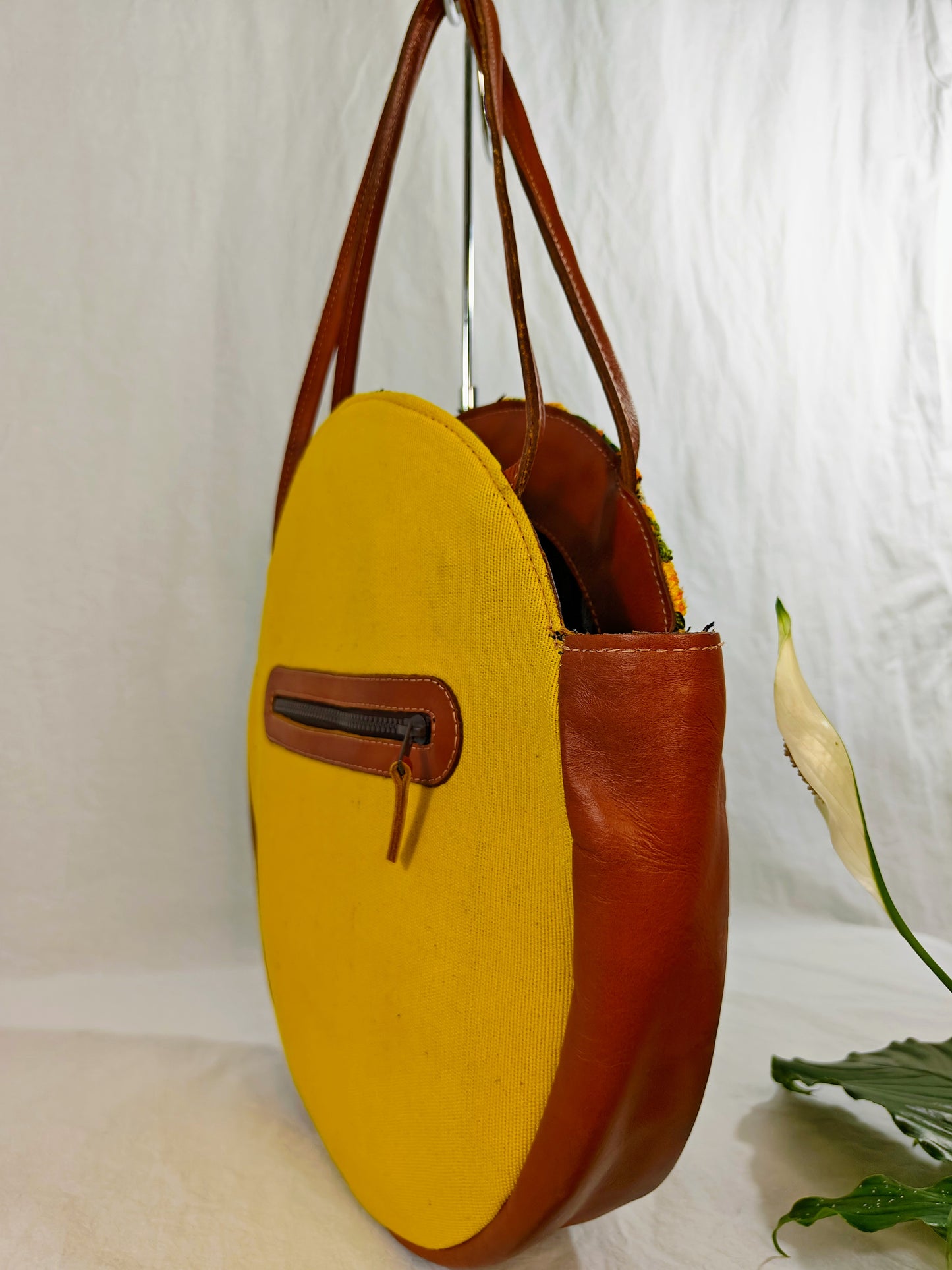 Leather and Textile Shoulder Bag - Hand Embroidery Tote Bags - fair trade handbags - AURA MAYA - Aura Maya