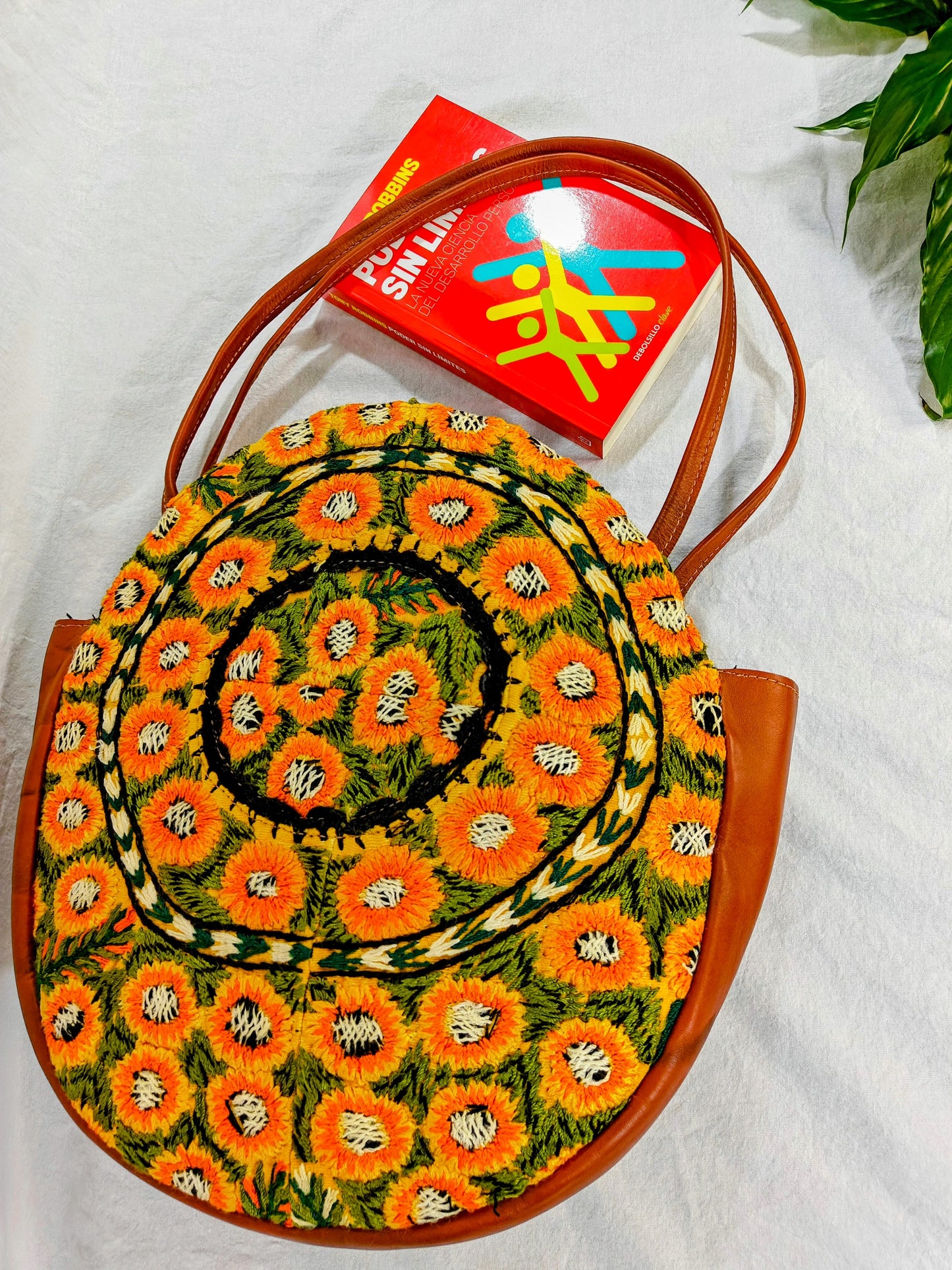 Leather and Textile Shoulder Bag - Hand Embroidery Tote Bags - fair trade handbags - AURA MAYA - Aura Maya