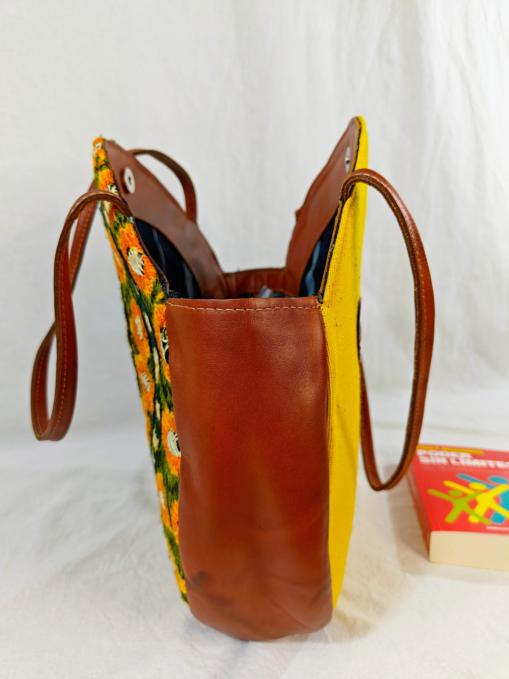 Leather and Textile Shoulder Bag - Hand Embroidery Tote Bags - fair trade handbags - AURA MAYA - Aura Maya