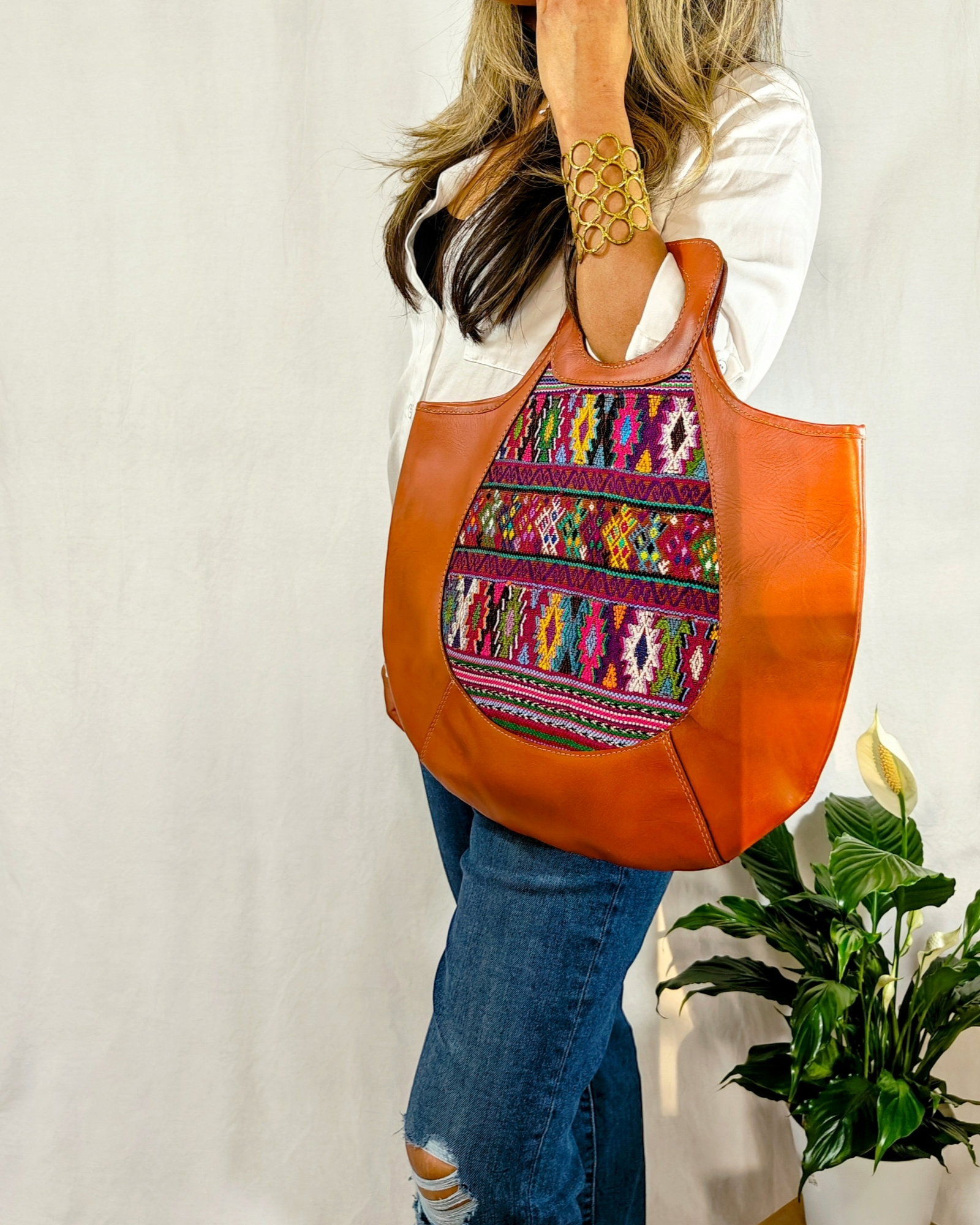 Leather Boho Handbag -One-of-a-kind leather purse   - Handwoven Textile - AURA MAYA - Aura Maya