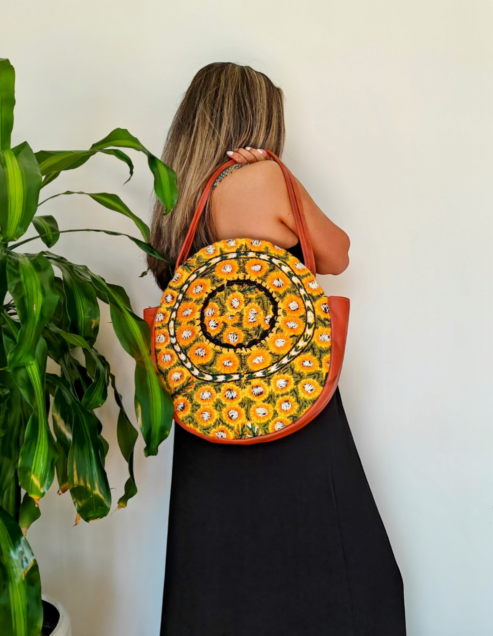 Leather and Textile Shoulder Bag - Hand Embroidery Tote Bags - fair trade handbags - AURA MAYA - Aura Maya