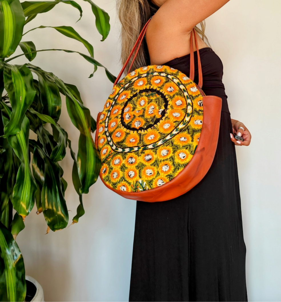 Leather and Textile Shoulder Bag - Hand Embroidery Tote Bags - fair trade handbags - AURA MAYA - Aura Maya