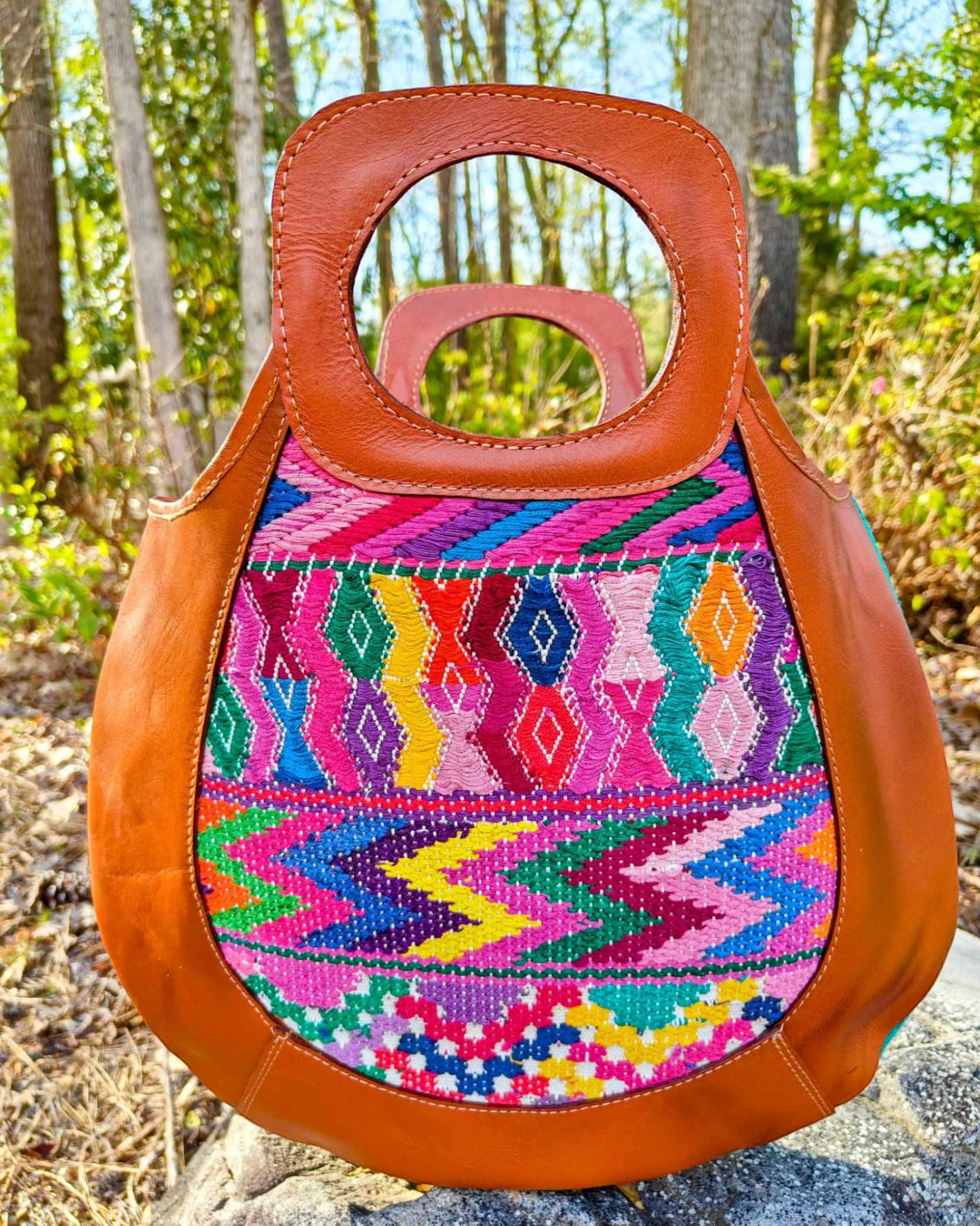 Leather and Textile Handbag - Two Side Handbag - Mayan Art - Hand embroidered bag- AURA MAYA - Aura Maya