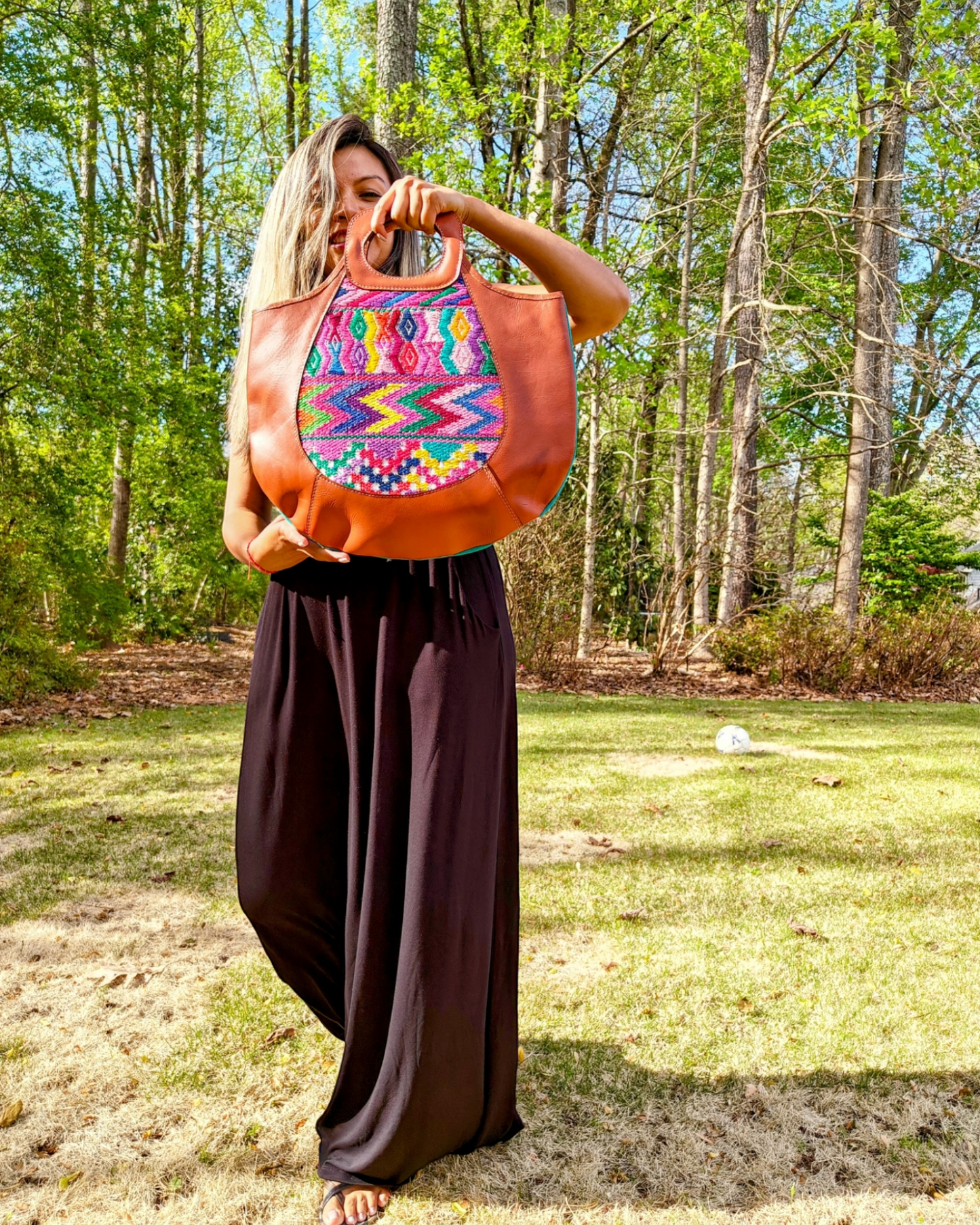 Leather and Textile Handbag - Two Side Handbag - Mayan Art - Hand embroidered bag- AURA MAYA - Aura Maya