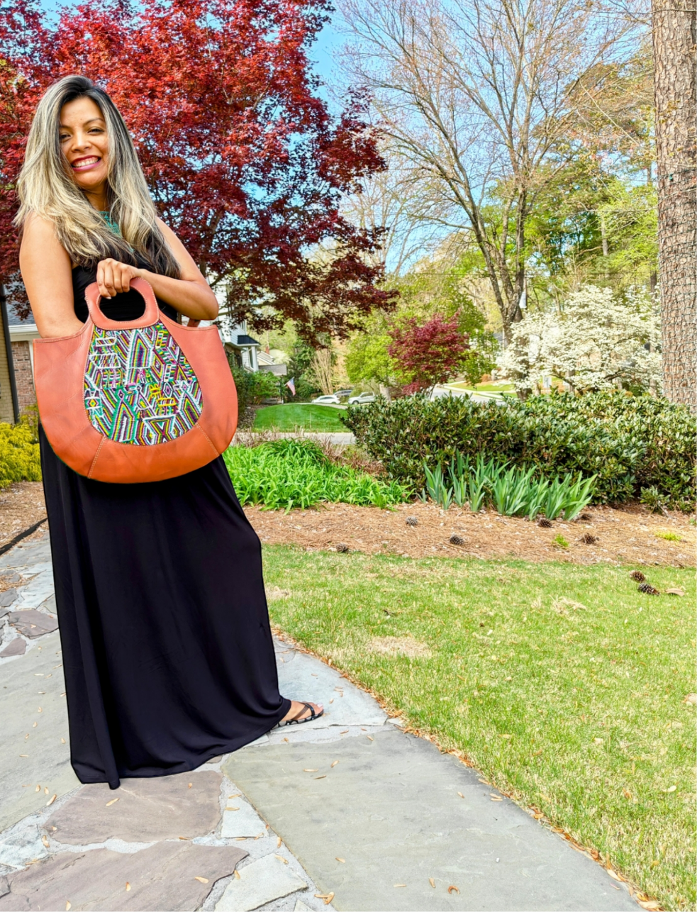 Two-sided leather handled bag with embroidered,  Boho Chic Style Purse - AURA MAYA - Aura Maya