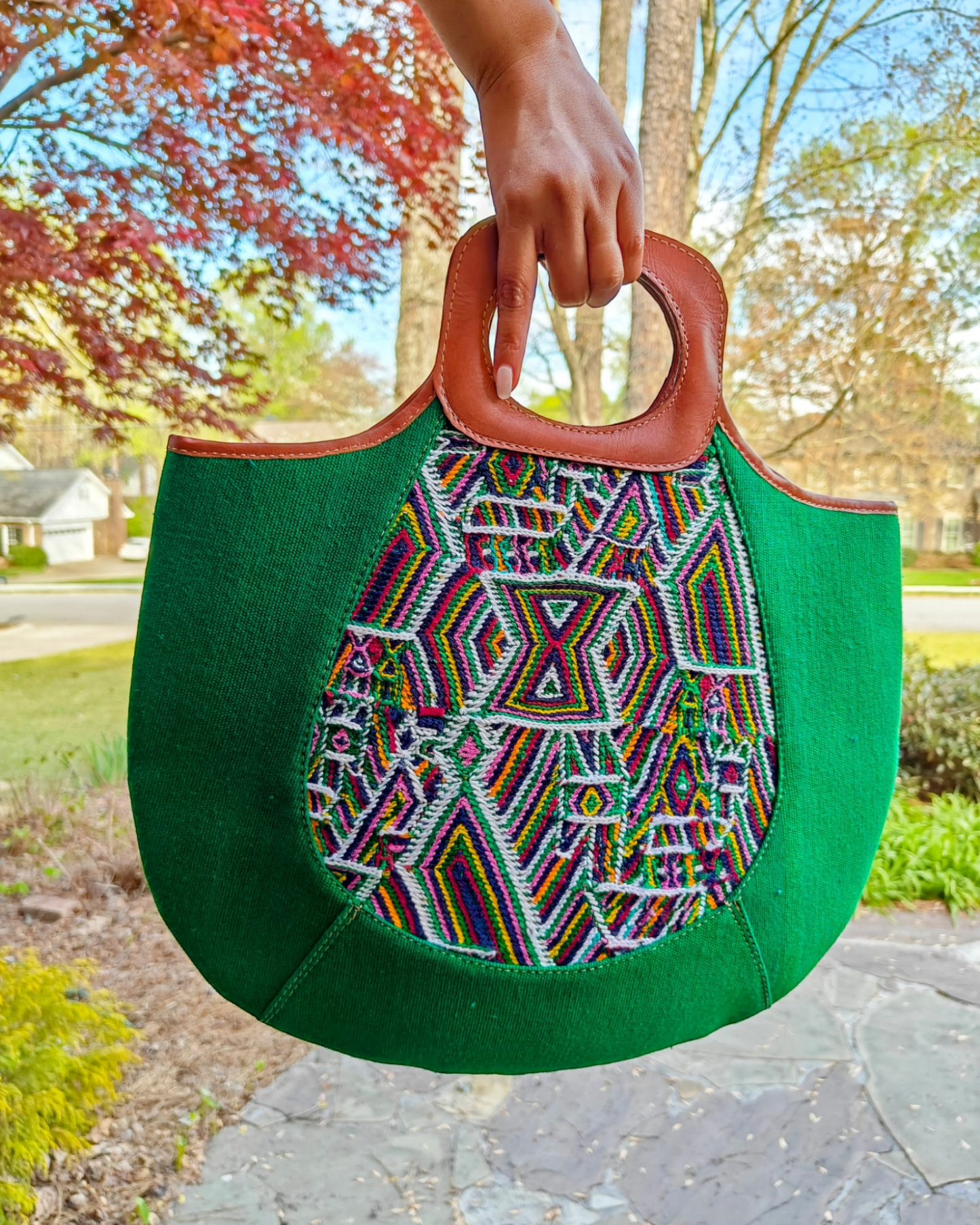 Two-sided leather handled bag with embroidered,  Boho Chic Style Purse - AURA MAYA - Aura Maya