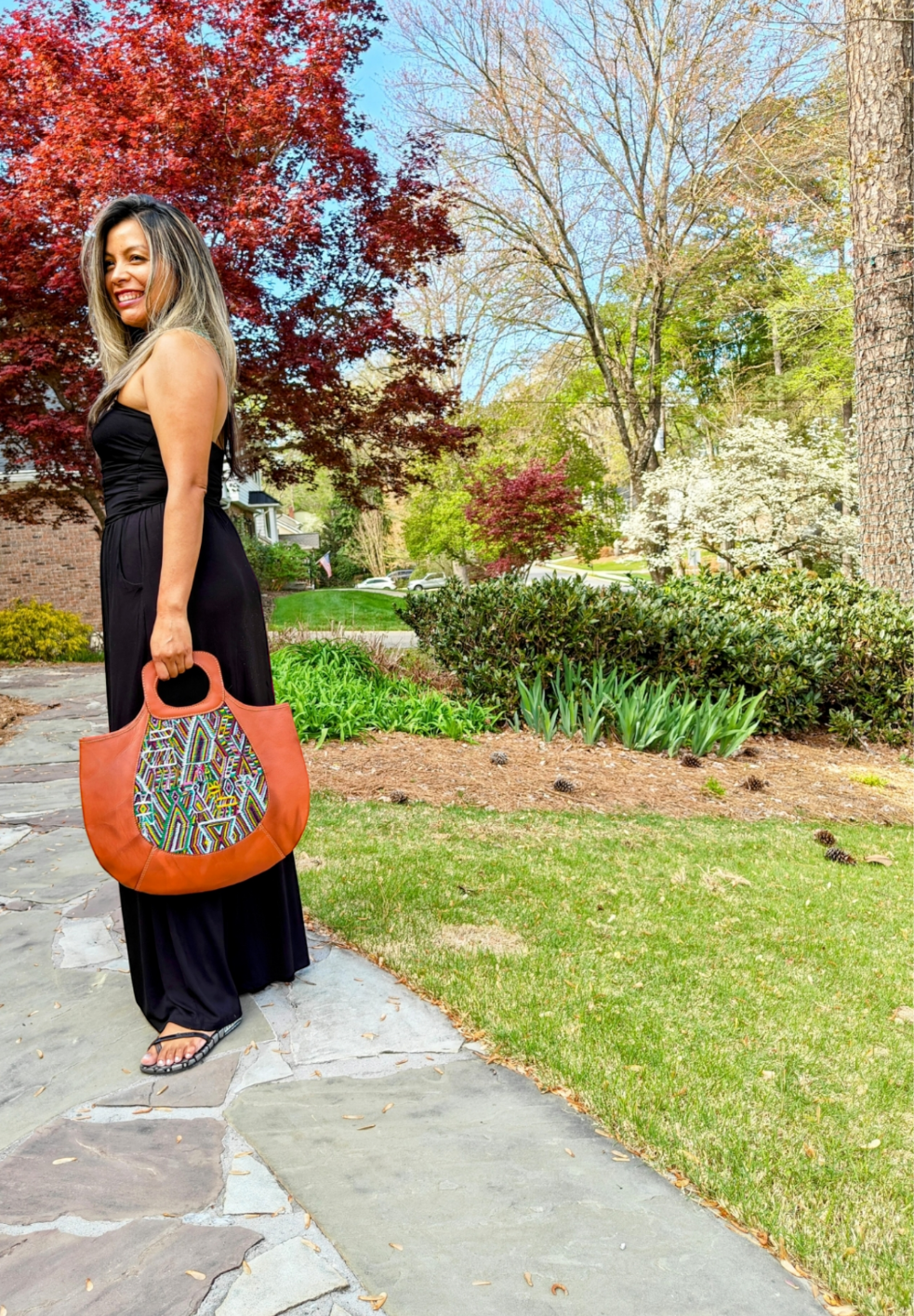 Two-sided leather handled bag with embroidered,  Boho Chic Style Purse - AURA MAYA - Aura Maya