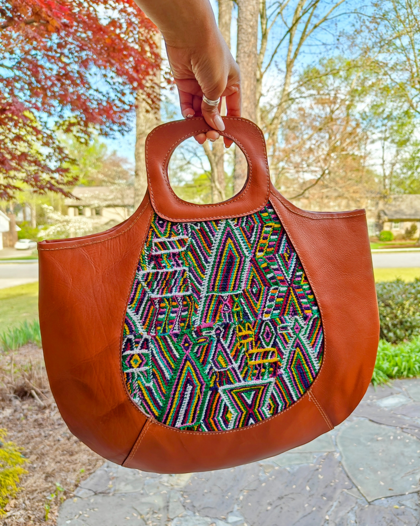 Two-sided leather handled bag with embroidered,  Boho Chic Style Purse - AURA MAYA - Aura Maya