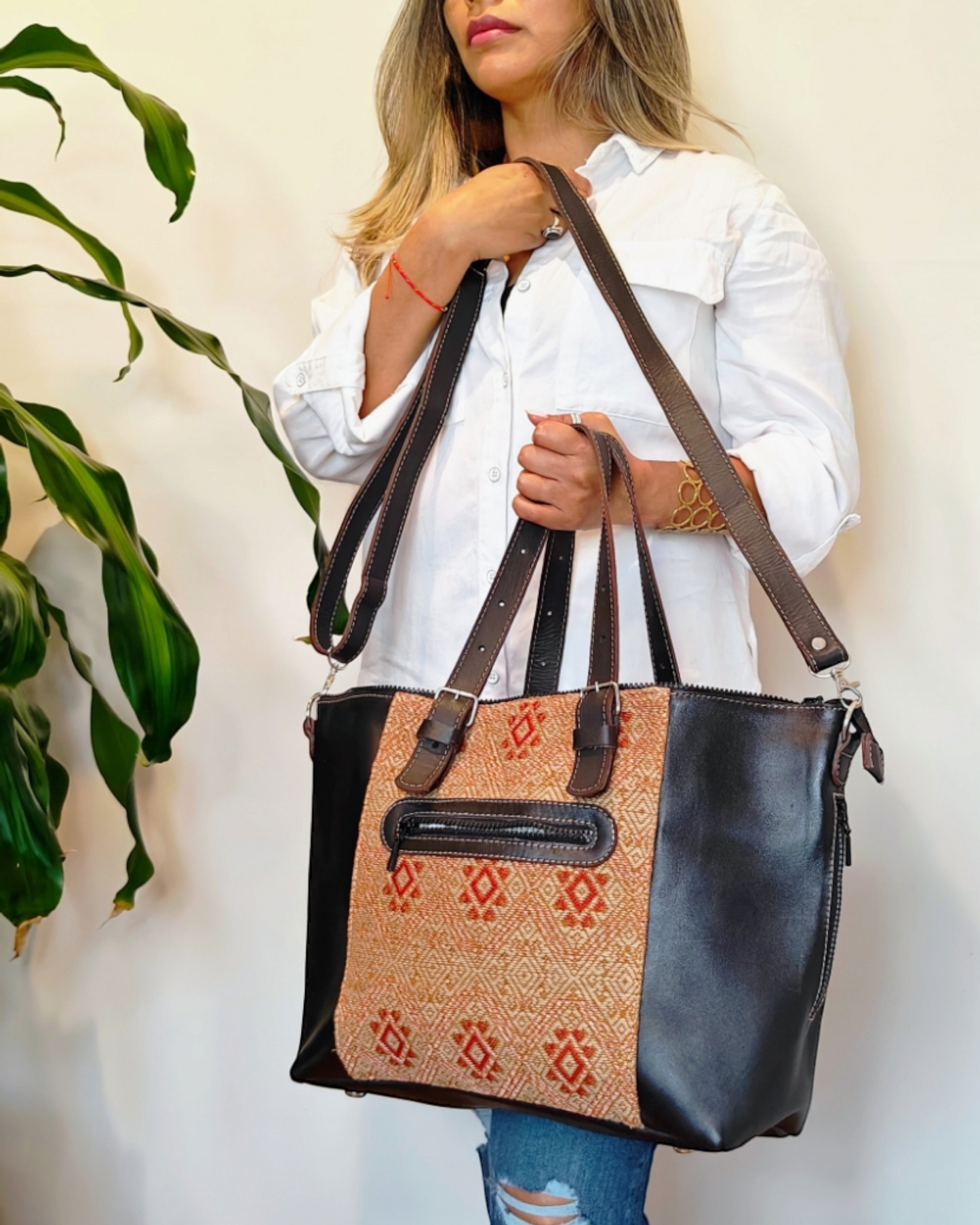 Handcrafted Embroidered Shulder bag for women - Ethnic leather tote bag - AURA MAYA - Aura Maya