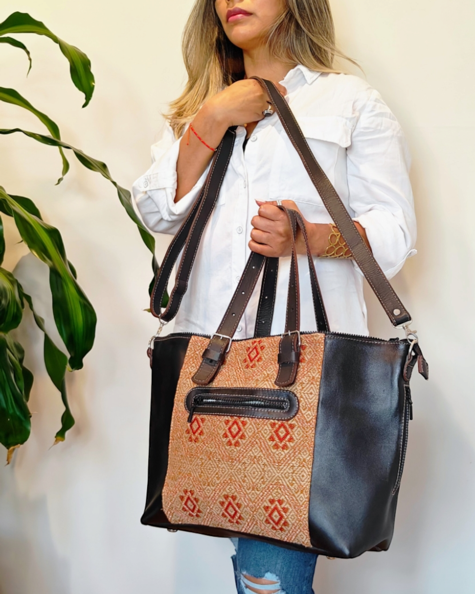 Handcrafted Embroidered Shulder bag for women - Ethnic leather tote bag -  AURA MAYA
