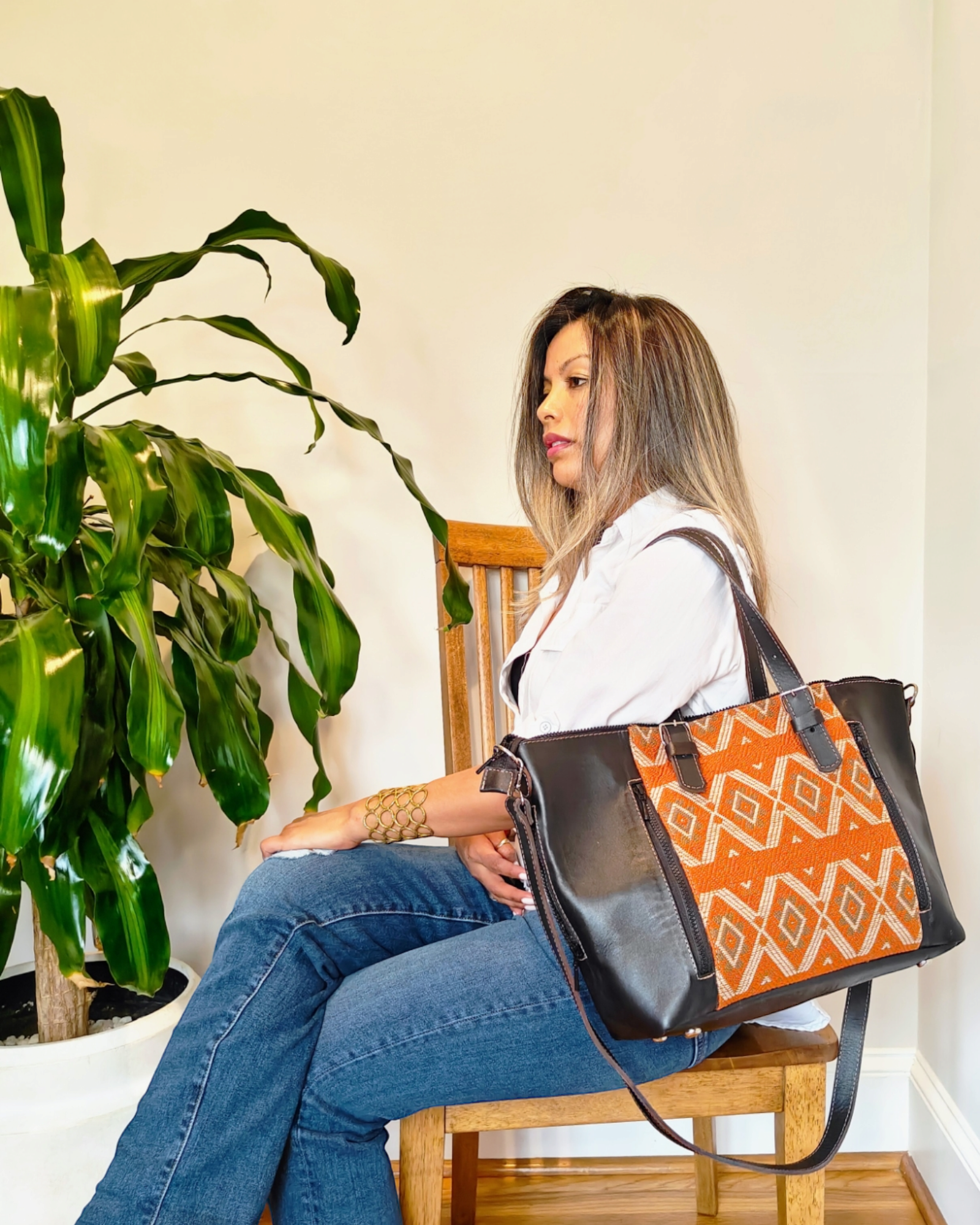 Handcrafted Embroidered Shulder bag for women - Ethnic leather tote bag - AURA MAYA - Aura Maya