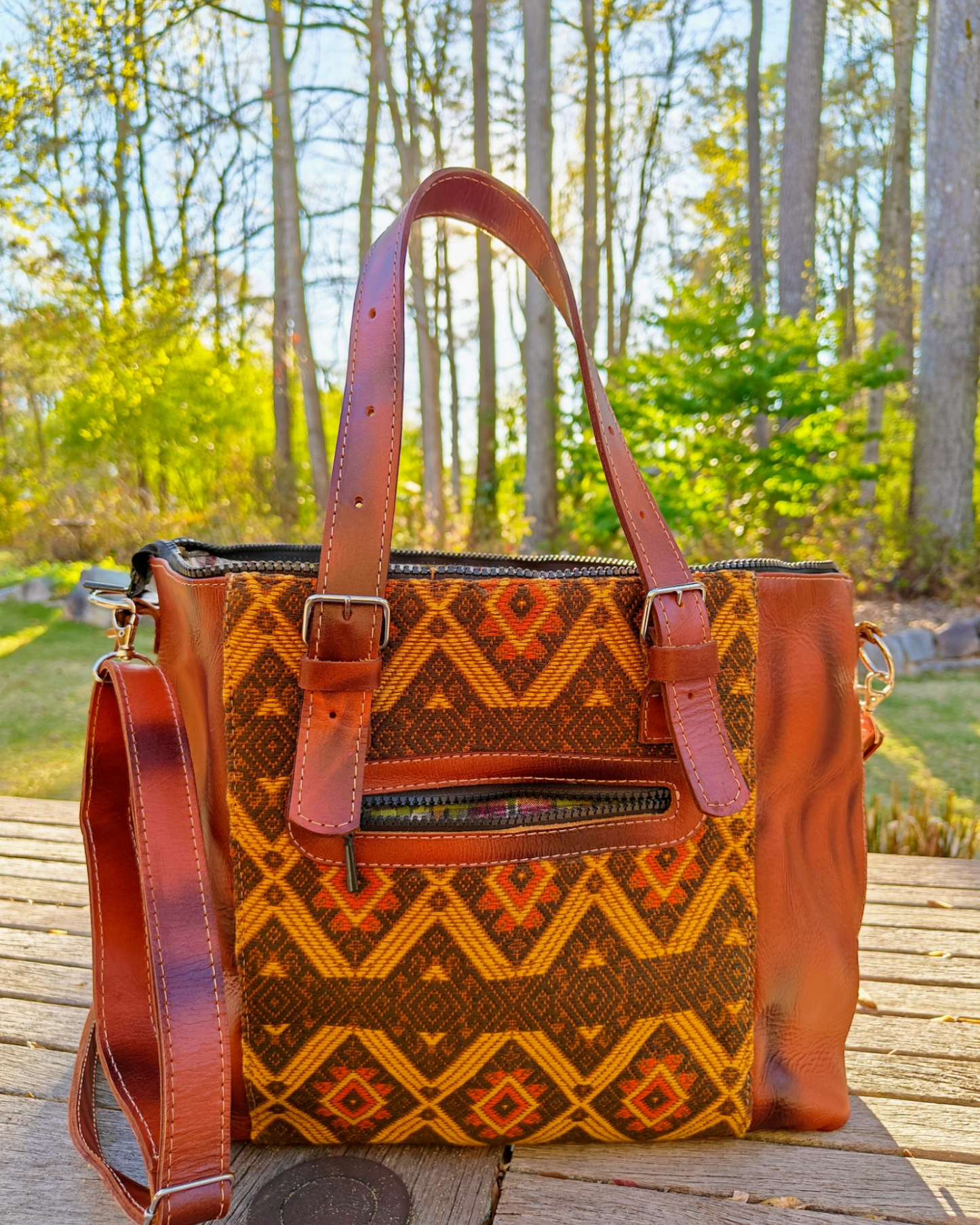 Brown, Large Leather Tote Bag - Hand Embroidery and Leather Women Bag - AURA MAYA - Aura Maya