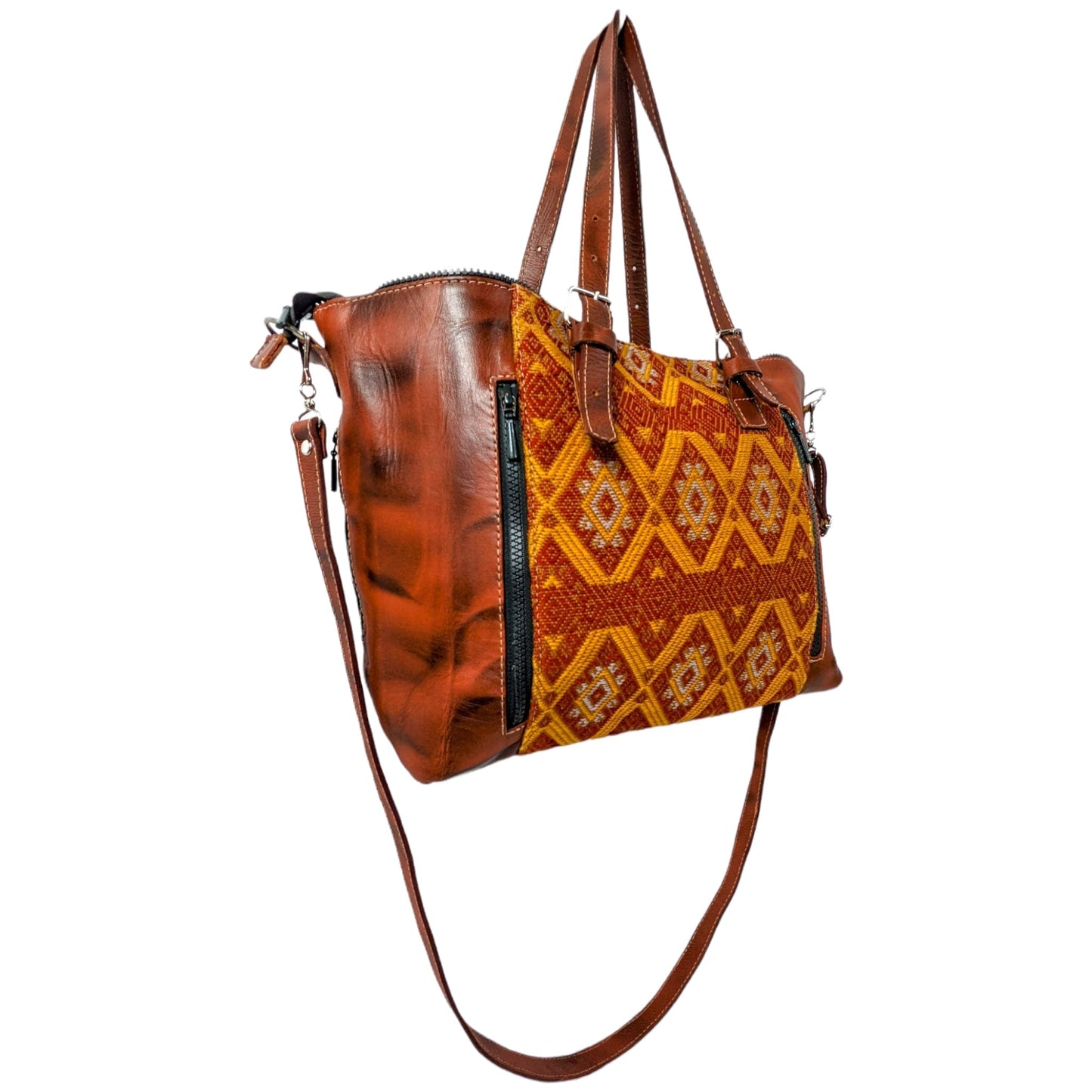 Brown, Large Leather Tote Bag - Hand Embroidery and Leather Women Bag - AURA MAYA - Aura Maya