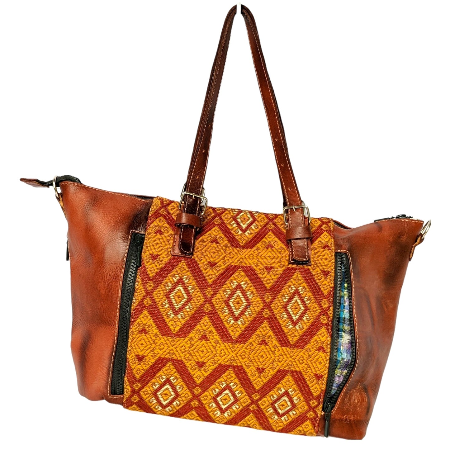 Brown, Large Leather Tote Bag - Hand Embroidery and Leather Women Bag - AURA MAYA - Aura Maya