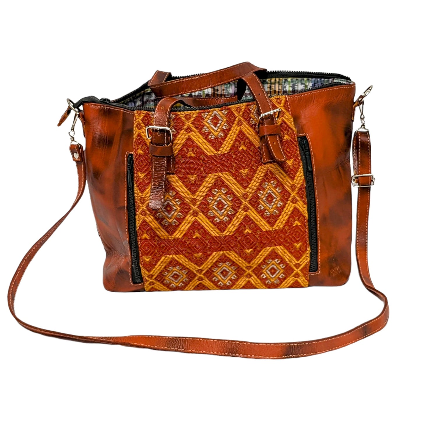 Brown, Large Leather Tote Bag - Hand Embroidery and Leather Women Bag - AURA MAYA - Aura Maya