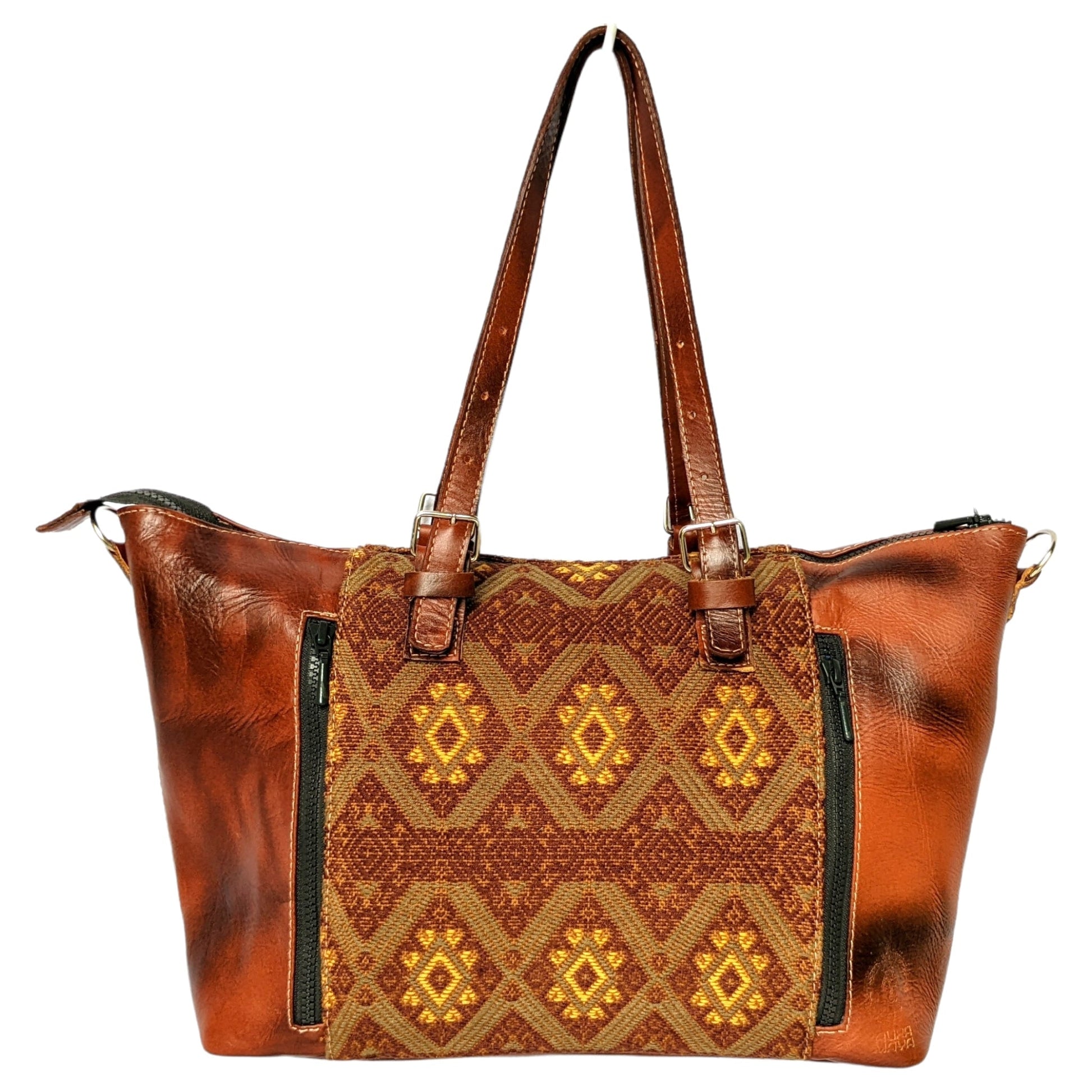 Brown, Large Leather Tote Bag - Hand Embroidery and Leather Women Bag - AURA MAYA - Aura Maya