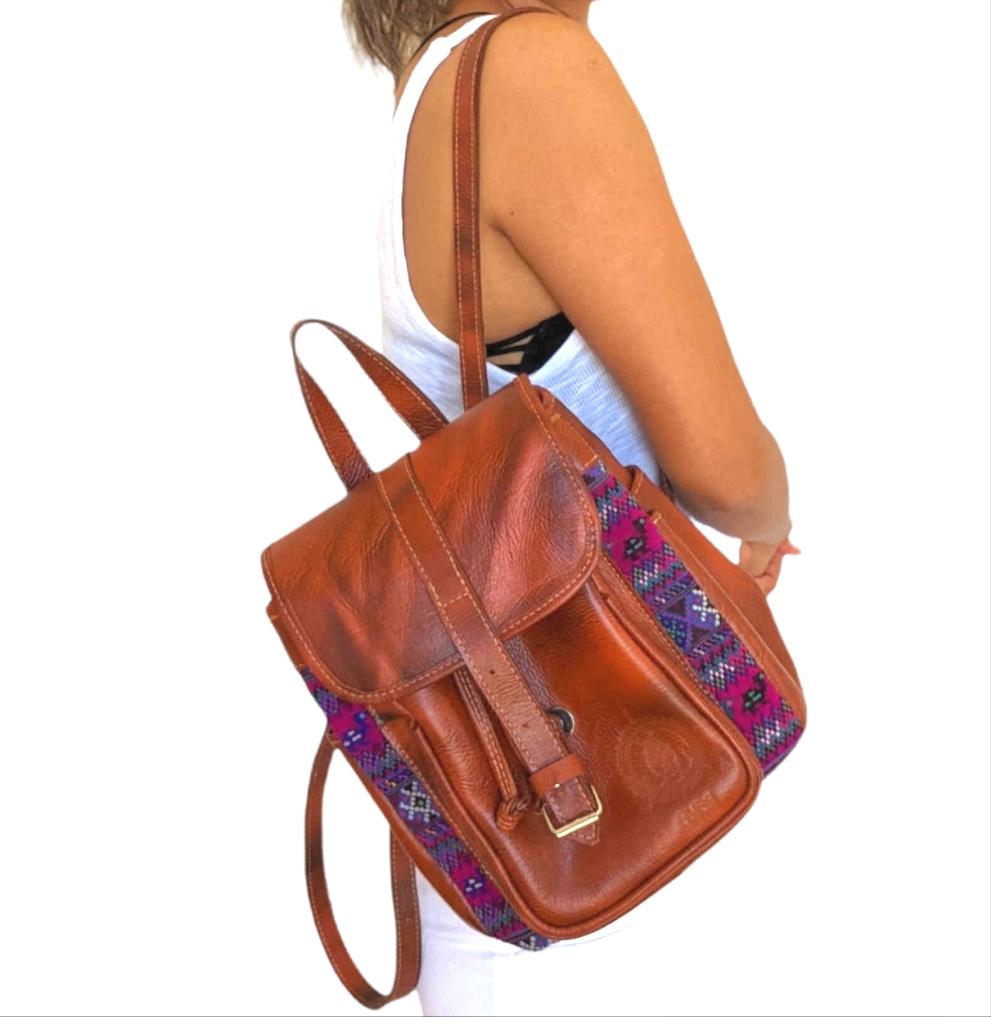 Leather Backpack - Travel Backpack - Mayan Embroidery Textile - AURA MAYA - Aura Maya