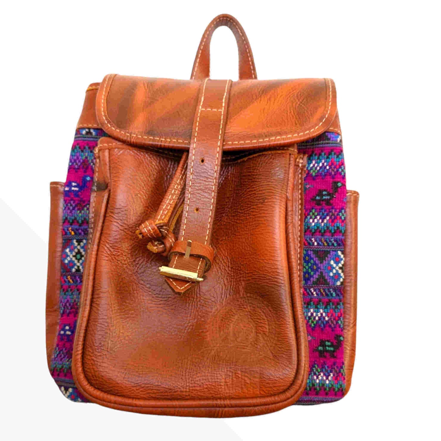 Leather Backpack - Travel Backpack - Mayan Embroidery Textile - AURA MAYA - Aura Maya