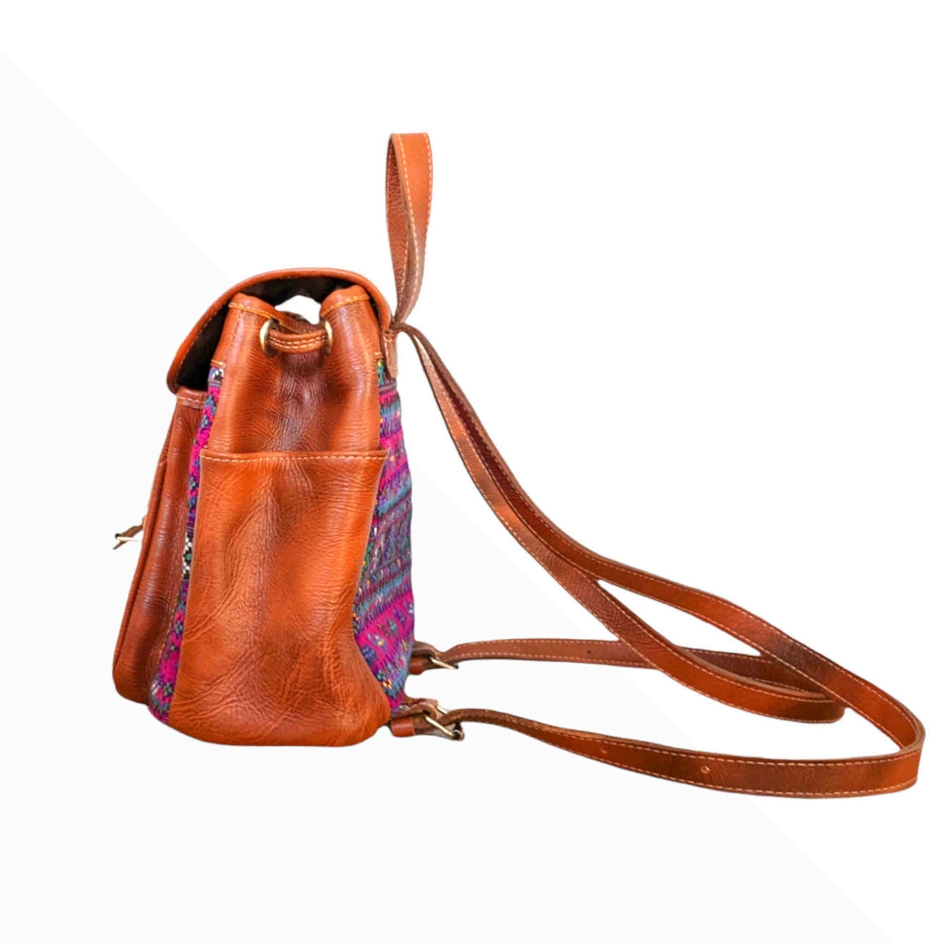 Leather Backpack - Travel Backpack - Mayan Embroidery Textile - AURA MAYA - Aura Maya