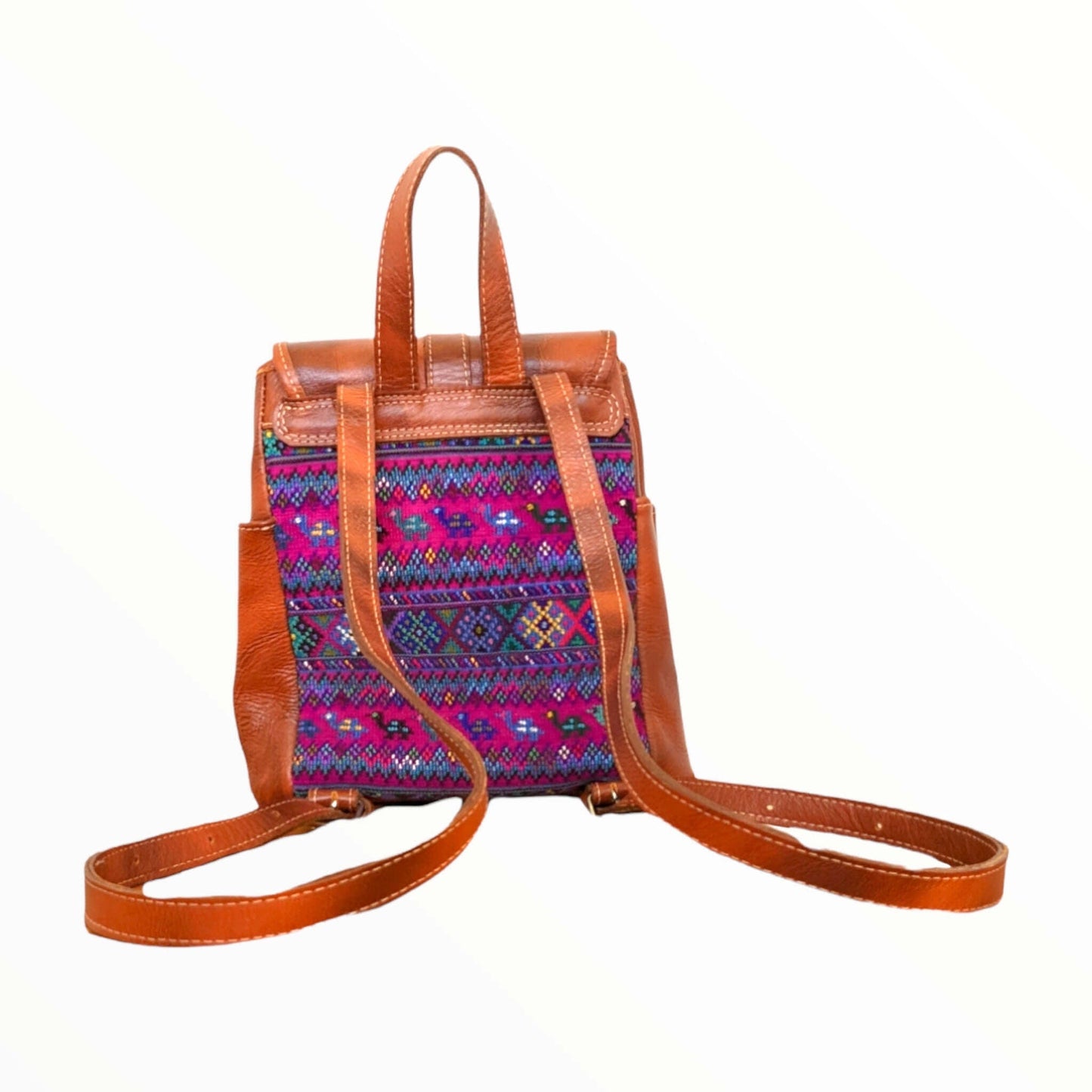 Leather Backpack - Travel Backpack - Mayan Embroidery Textile - AURA MAYA - Aura Maya